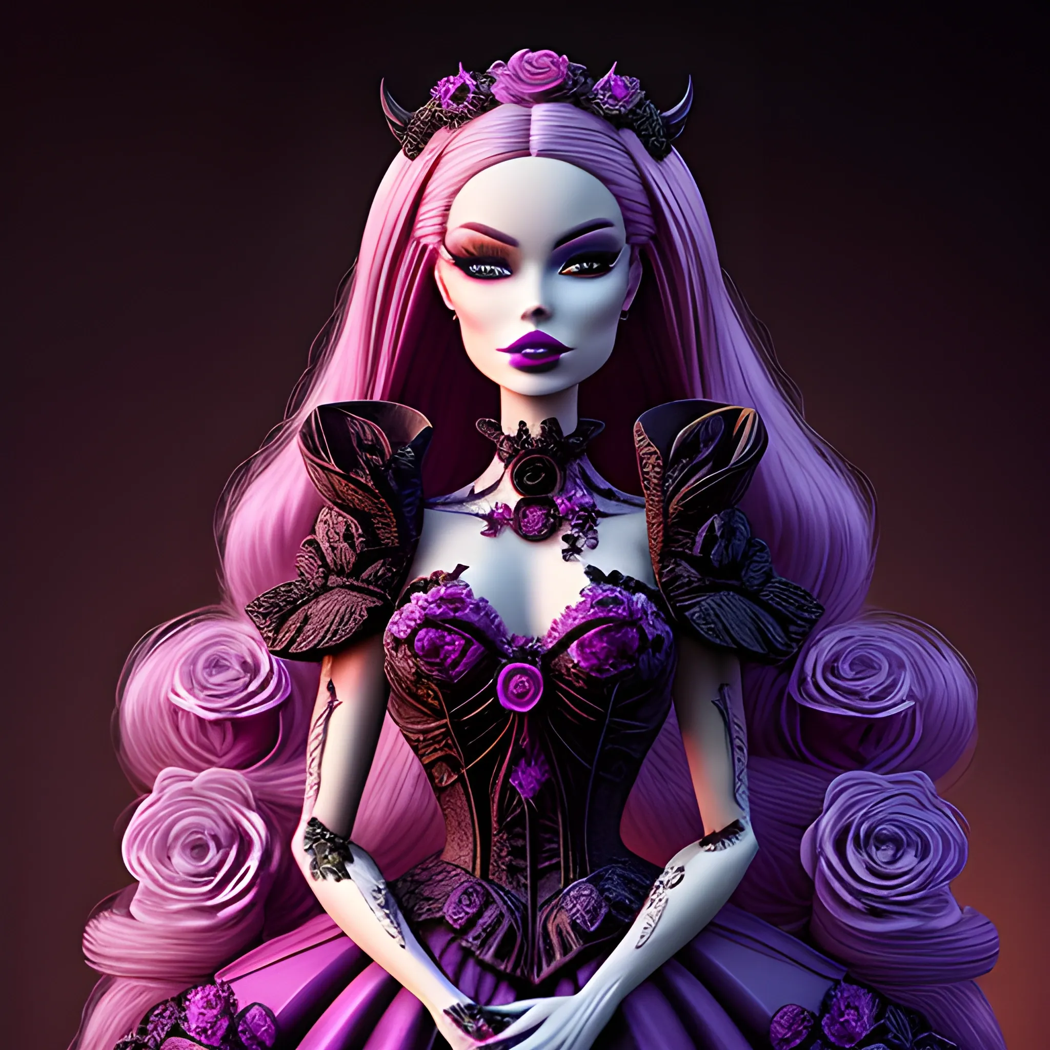 The blood-thirsty purple rose blooms ominously over barbie , Detailed and Intricate, Fantasy, Realistic, Surrealist, Dramatic, Beautiful Lighting, Evil, Fear, Horrifying