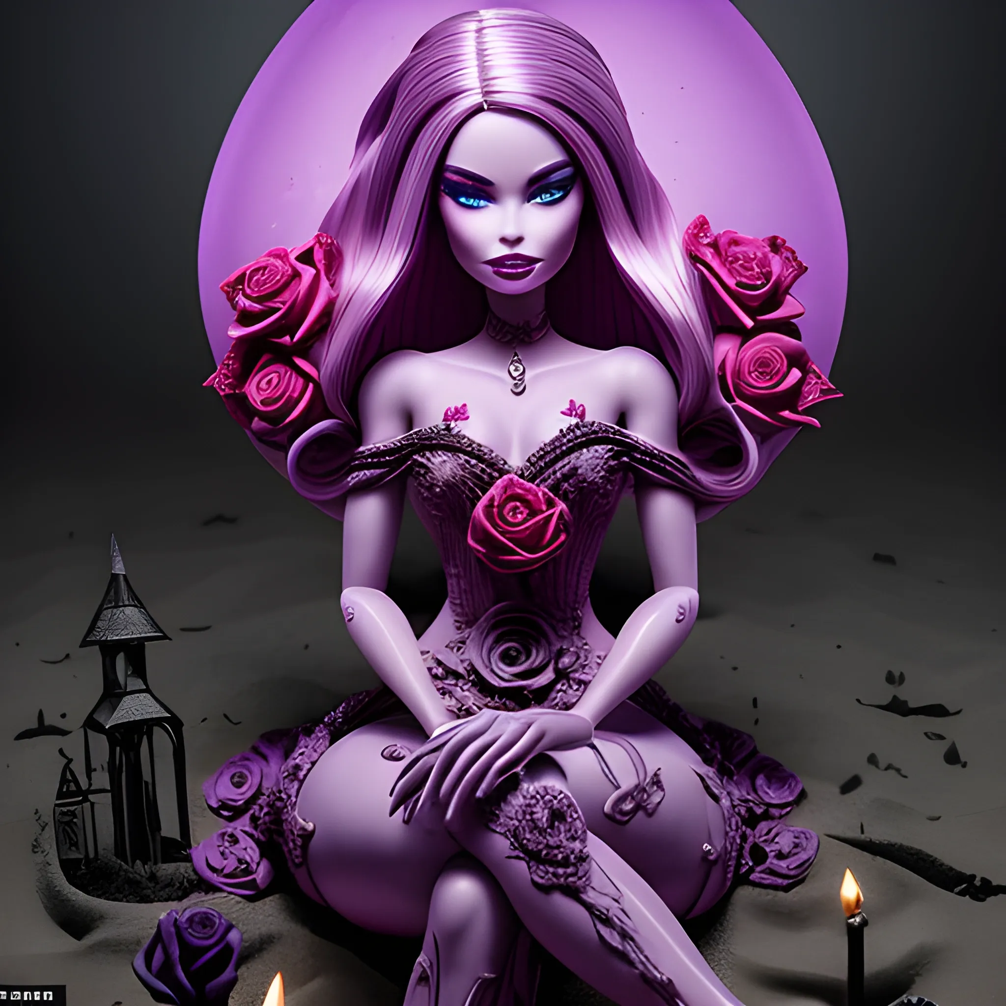 The blood-thirsty purple rose blooms ominously over barbie, sitting on the beach , Detailed and Intricate, Fantasy, Realistic, Surrealist, Dramatic, Beautiful Lighting, Evil, Fear, Horrifying