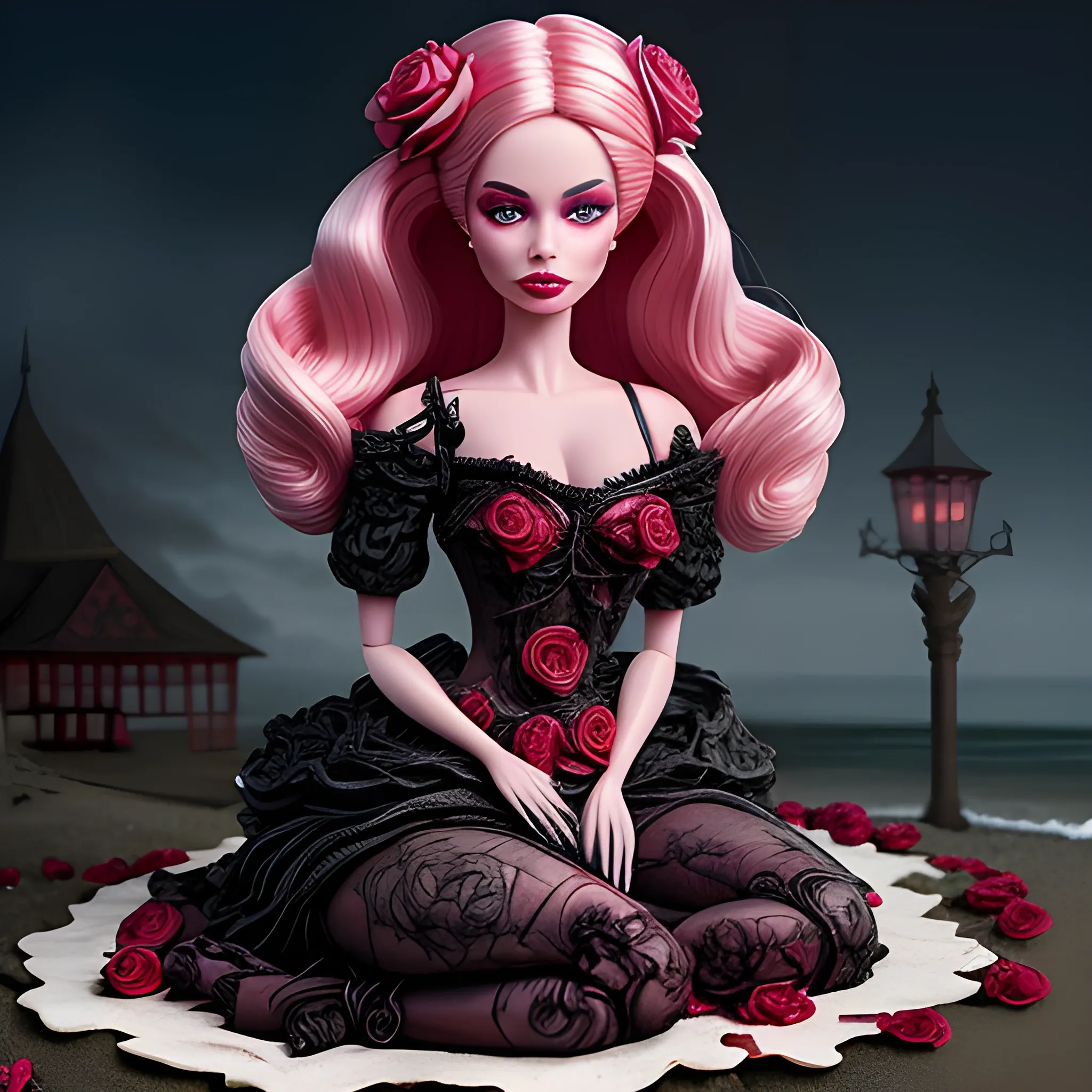 The blood-thirsty roses blooms ominously over barbie, sitting on the beach , Detailed and Intricate, Fantasy, Realistic, Surrealist, Dramatic, Beautiful Lighting, Evil, Fear, Horrifying