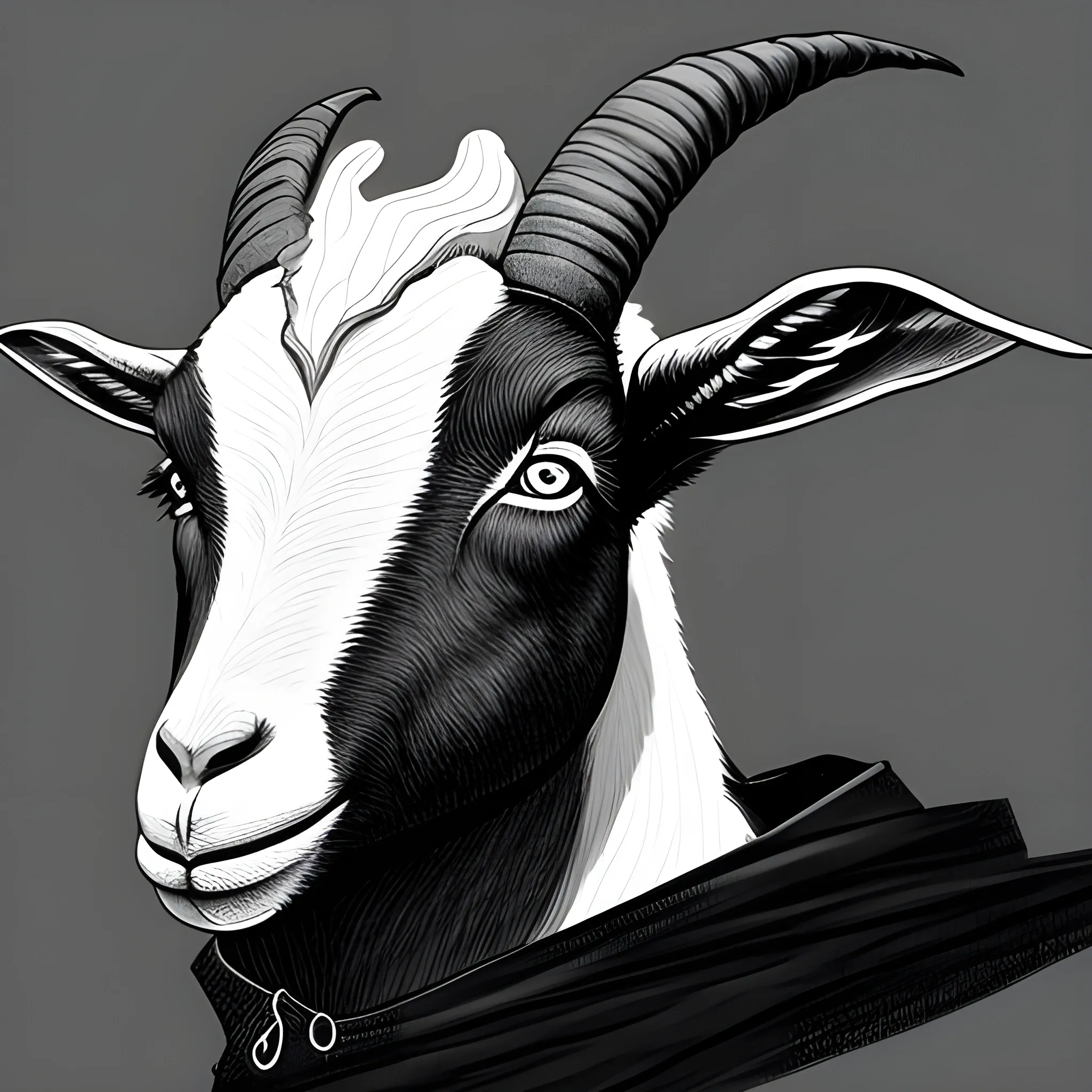 A line art drawing of a goat's face under a black cloak, with smoke blowing from its nostrils, high detail digital art