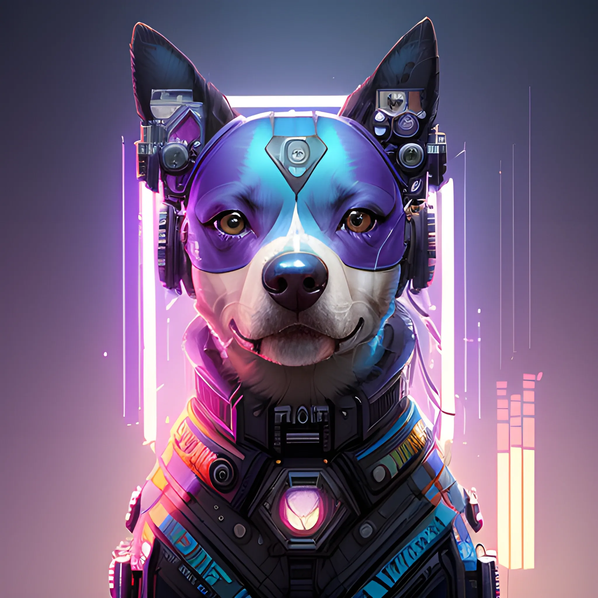 a beautiful portrait of a cute cyberpunk dog by sandra chevrier and greg rutkowski and wlop, purple blue color scheme, high key lighting, volumetric light, digital art, highly detailed, fine detail, intricate, ornate, complex, octane render, unreal engine, photorealistic 