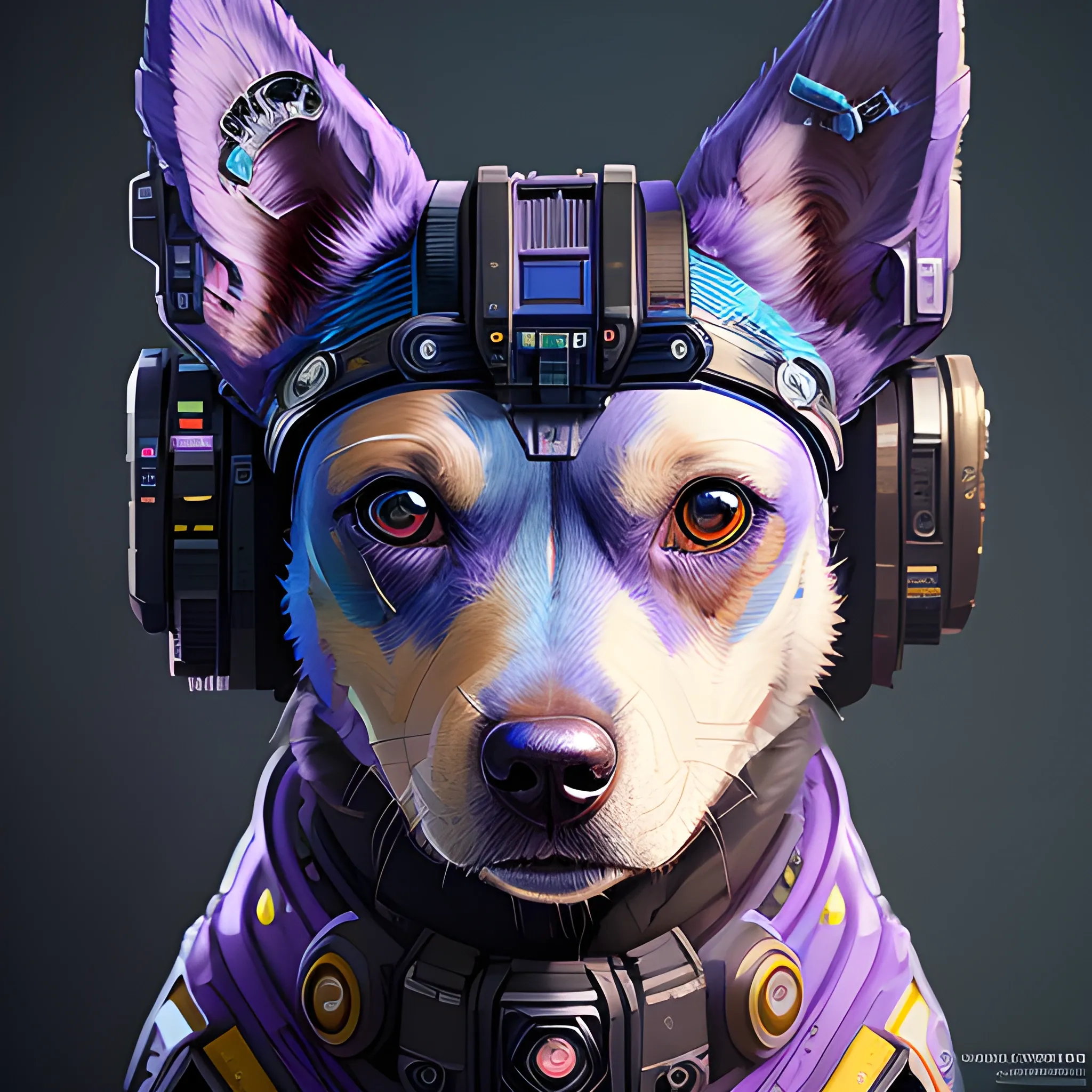 a beautiful portrait of a cute cyberpunk dog by sandra chevrier and greg rutkowski and wlop, purple blue color scheme, high key lighting, volumetric light, digital art, highly detailed, fine detail, intricate, ornate, complex, octane render, unreal engine, photorealistic 