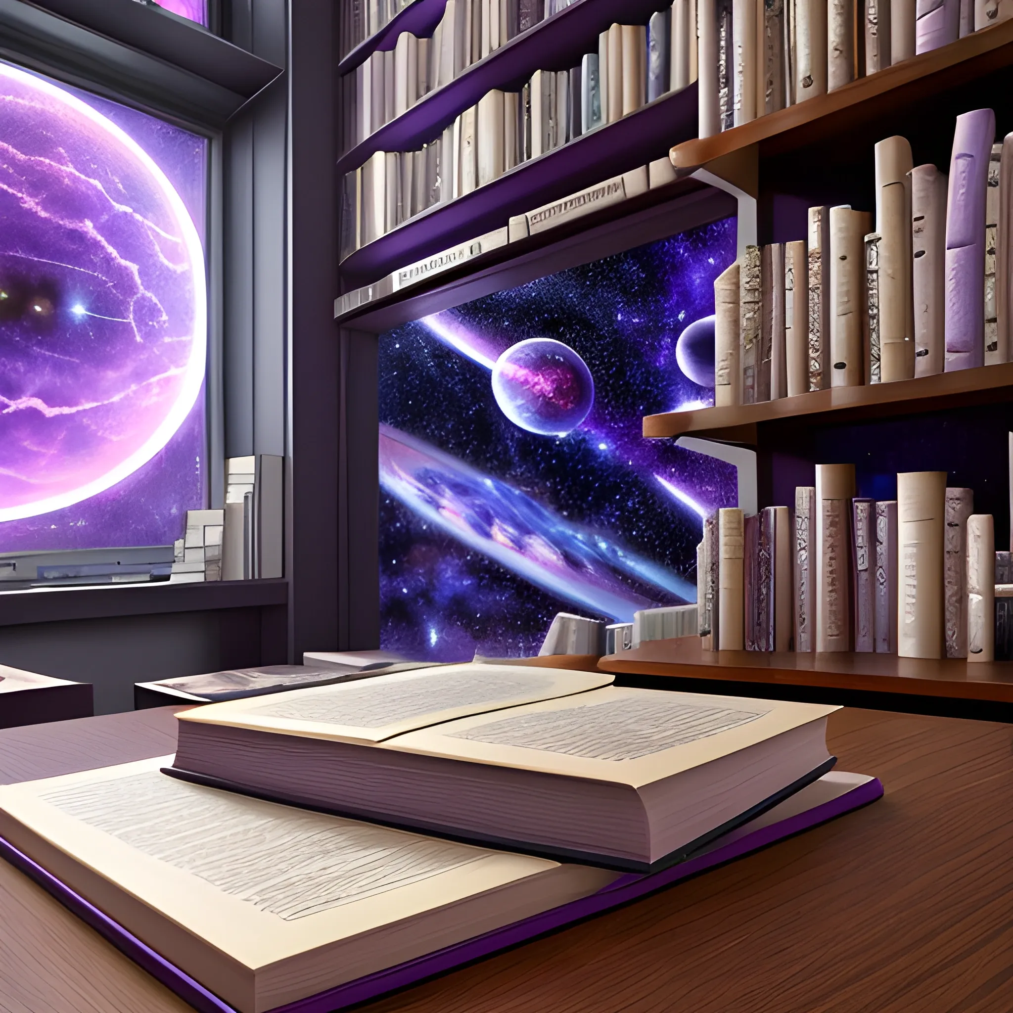 (((high detail))), best quality, (detailed), (high resolution) purple, silver universe, books, books on a table, shelf with some books, studio ghiblin, anime, galaxy in the sky,
