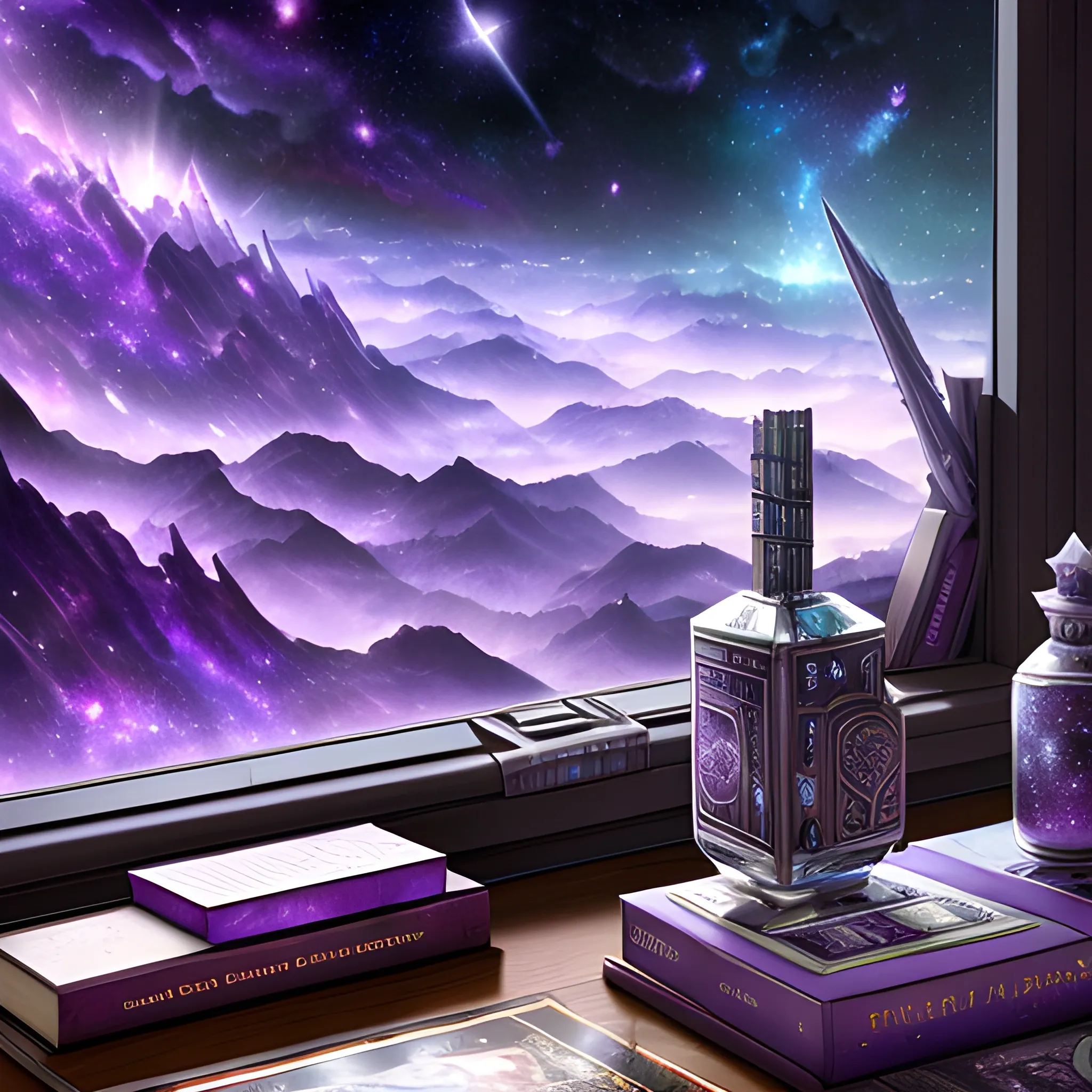 (((high detail))), best quality, (detailed), (high resolution) purple, silver universe, books, books on a table, shelf with some books, studio ghiblin, anime, galaxy in the sky,
, Trippy