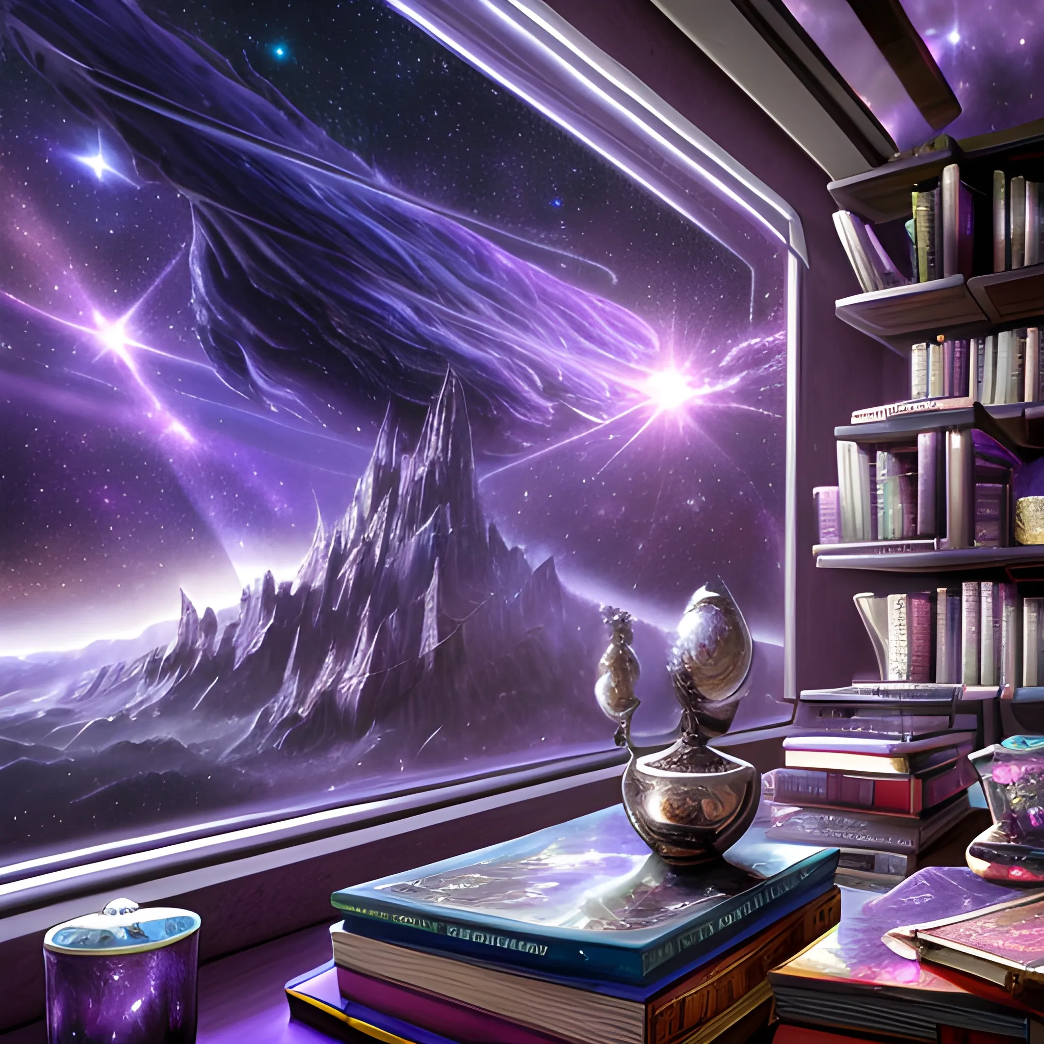 (((high detail))), best quality, (detailed), (high resolution) purple, silver universe, books, books on a table, shelf with some books, studio ghiblin, anime, galaxy in the sky,
, Trippy, backround
