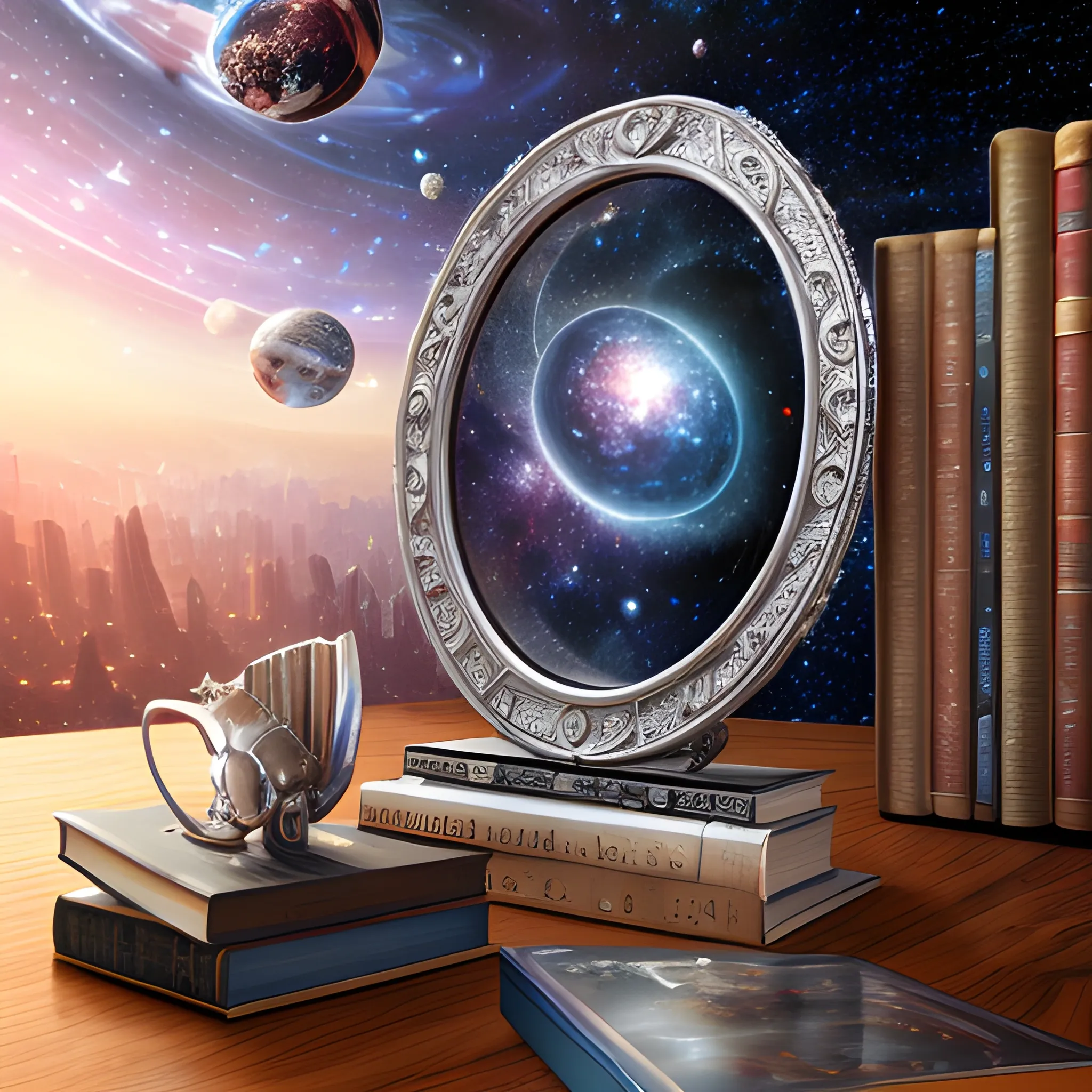 (((high detail))), best quality, (detailed), (high resolution) silver universe, books, books on a table, shelf with some books, studio ghiblin, anime, galaxy in the sky,
, Trippy, backround
