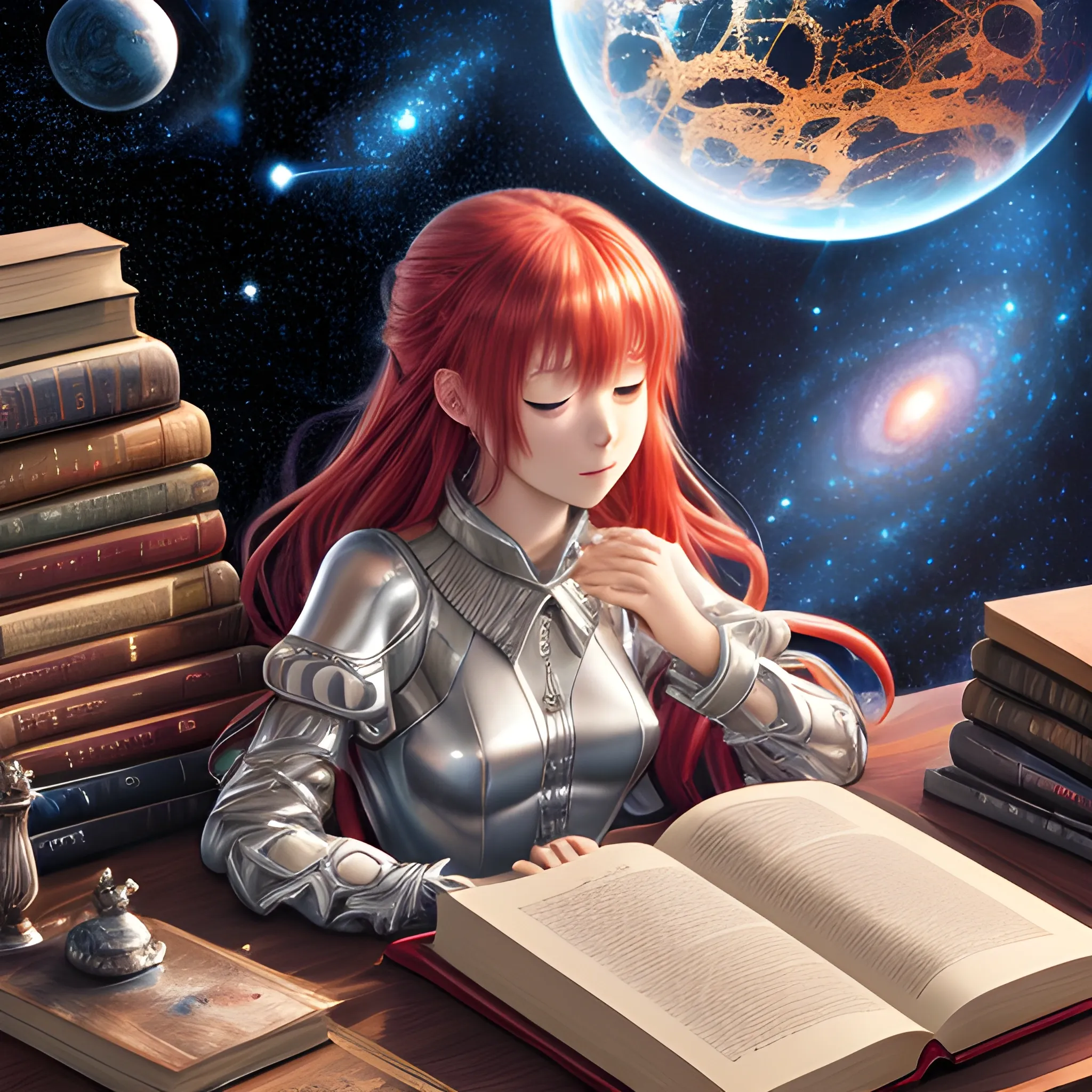 (((high detail))), best quality, (detailed), (high resolution) silver universe, books, books on a table, shelf with some books, studio ghiblin, anime, galaxy in the sky, woman sleeping on it,red hair, red dress
 
, Trippy, 
