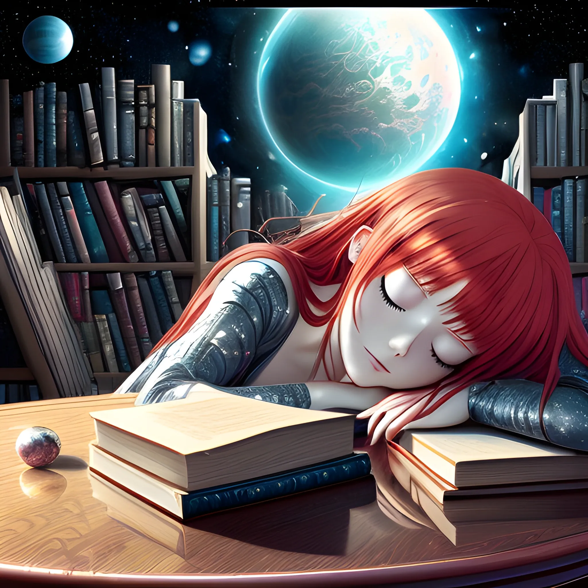 (((high detail))), best quality, (detailed), (high resolution) silver universe, books, books on a table, shelf with some books, studio ghiblin, anime, galaxy in the sky, woman sleeping on it,red hair, red dress, big black eyes 
 
, Trippy, 
