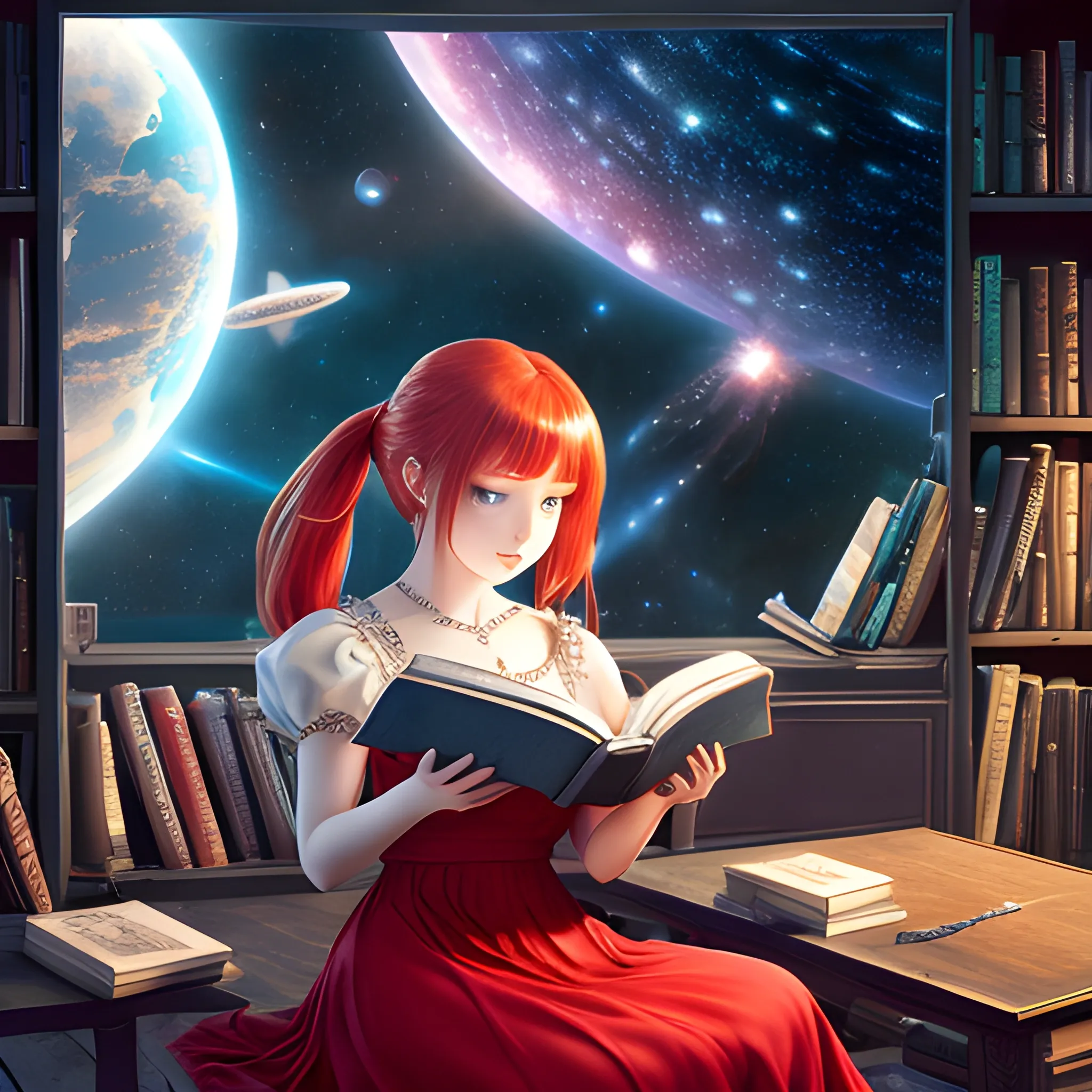 (((high detail))), best quality, (detailed), (high resolution) silver universe, books, books on a table, shelf with some books, studio ghiblin, anime, galaxy in the sky, woman  reading a book ,red hair, red dress, big black eyes 
 
, Trippy, 
