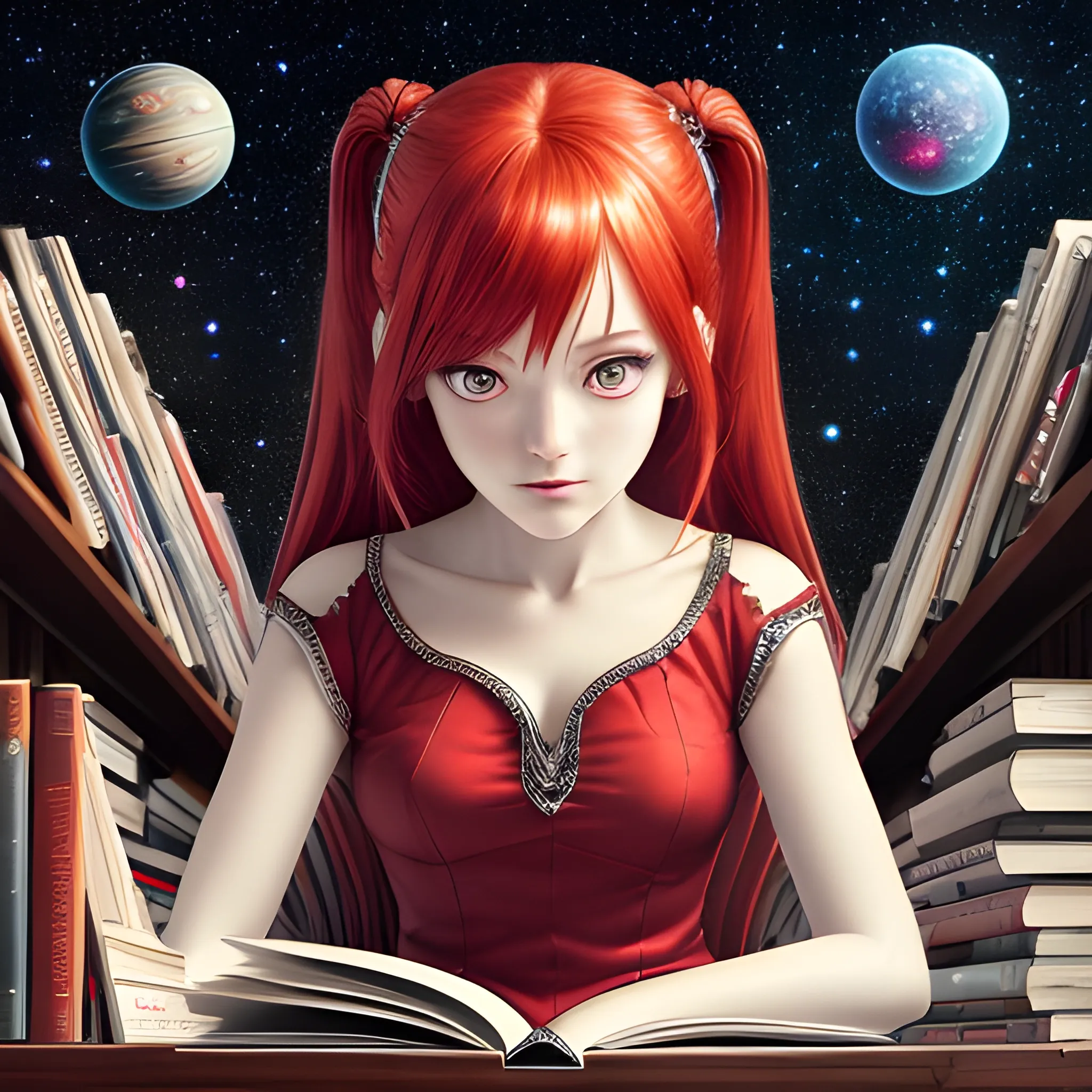 (((high detail))), best quality, (detailed), (high resolution) silver universe, books, books on a table, shelf with some books, studio ghiblin, anime, galaxy in the sky, woman  reading a book ,red hair, red dress, big black eyes 
 
, Trippy, 
, Cartoon