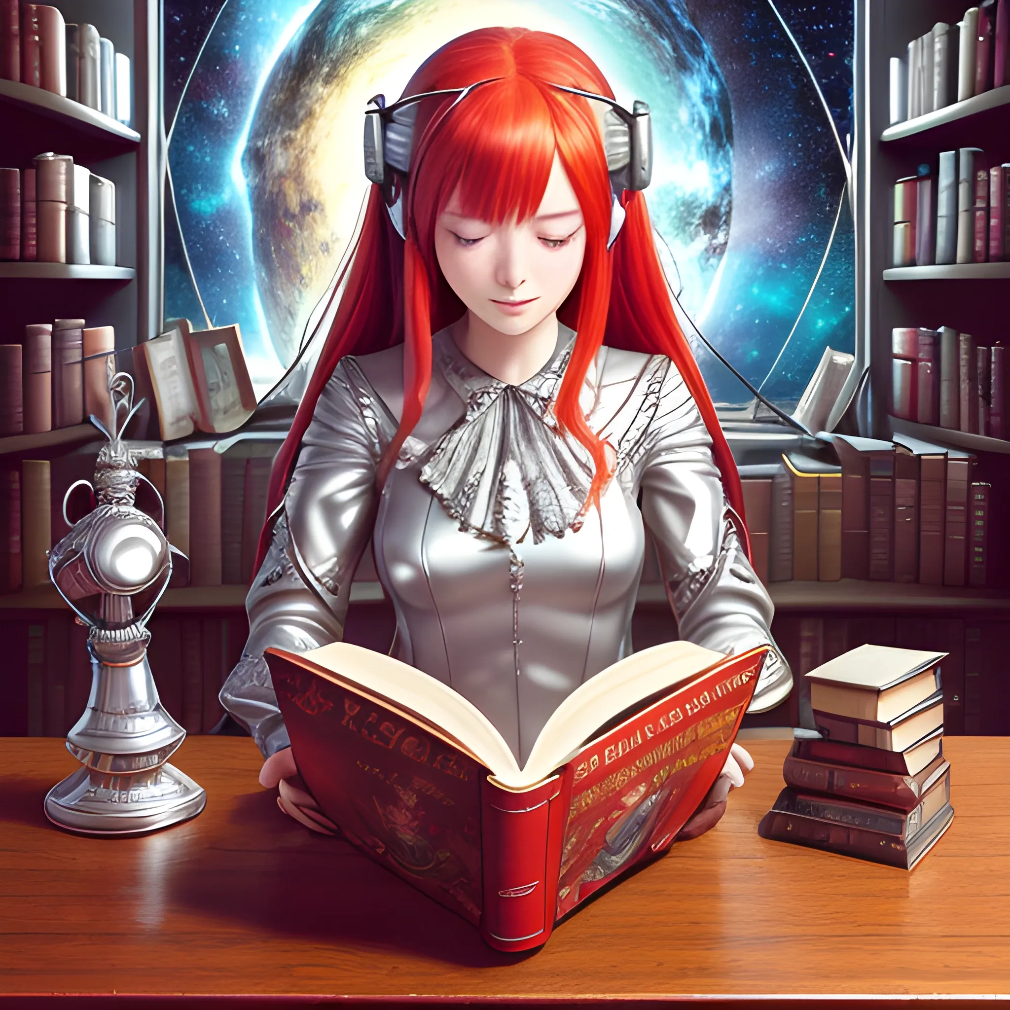 (((high detail))), best quality, (detailed), (high resolution) silver universe, books, books on a table, shelf with some books, studio ghiblin, anime, galaxy in the sky, woman reading a book ,red hair, red dress, black eyes, listen to music 
 
, Trippy, 
