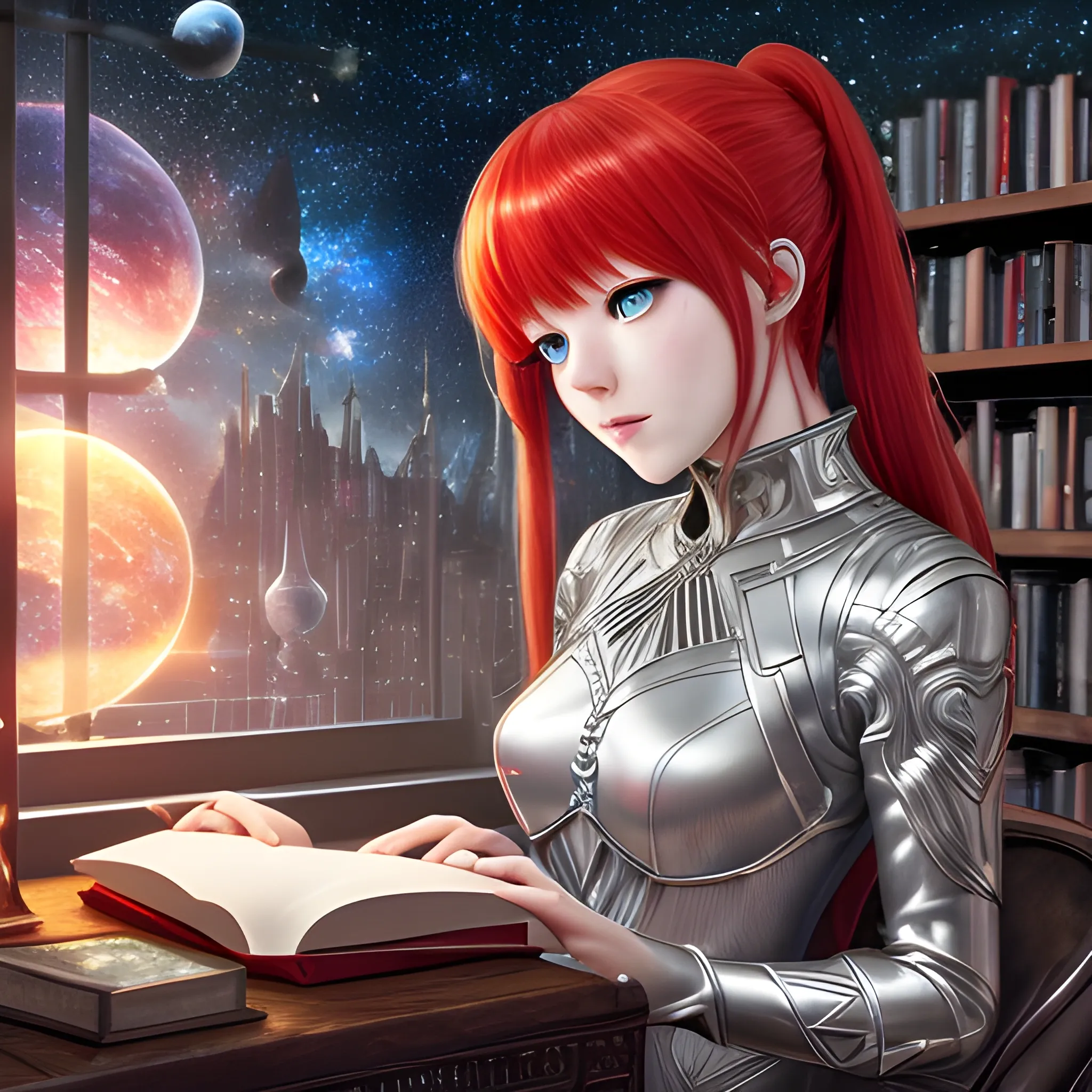 (((high detail))), best quality, (detailed), (high resolution) silver universe, books, books on a table, shelf with some books, studio ghiblin, anime, galaxy in the sky, woman reading a book ,red hair, red dress, black eyes, listen to music 
 
, Trippy, 
