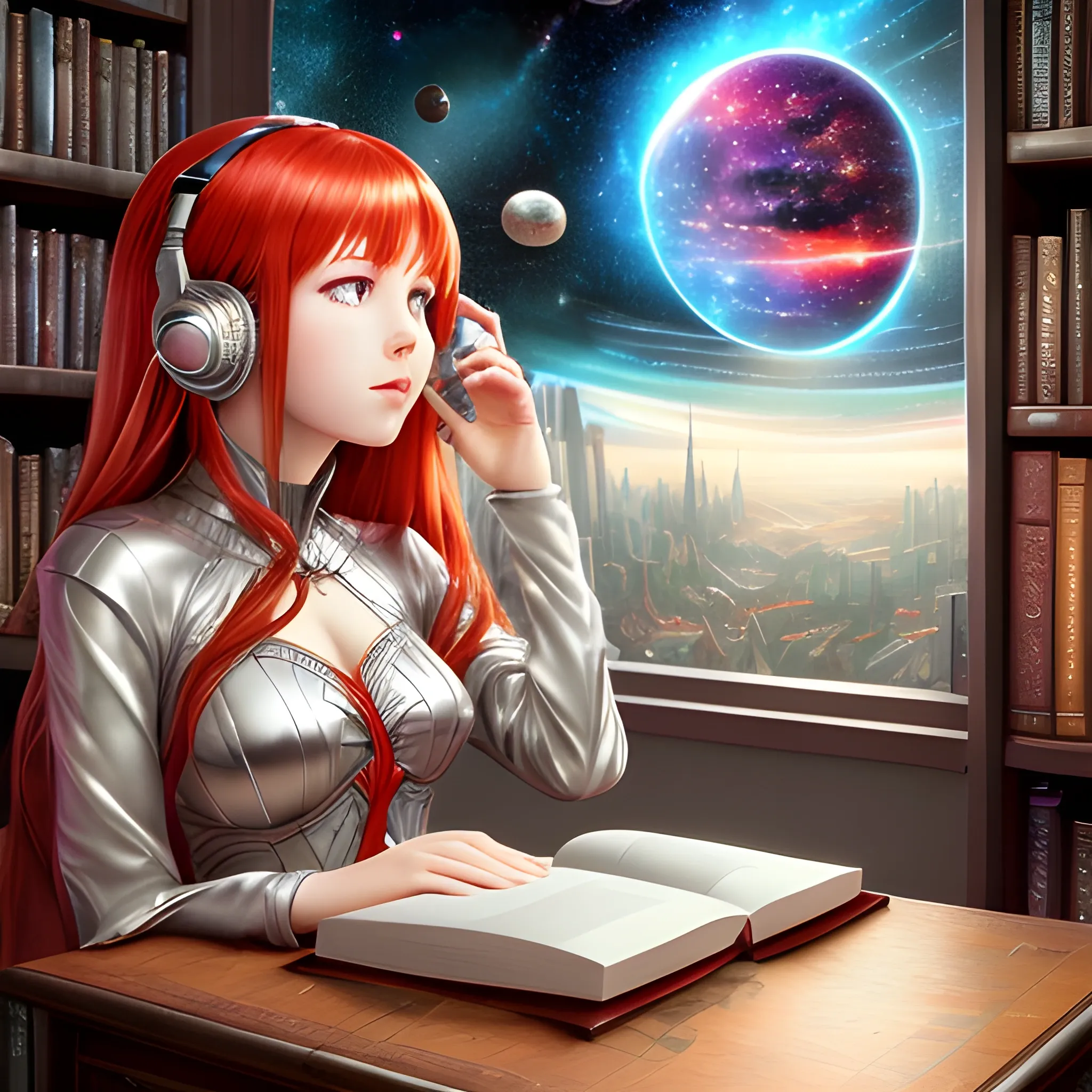 (((high detail))), best quality, (detailed), (high resolution) silver universe, books, books on a table, shelf with some books, studio ghiblin, anime, galaxy in the sky, woman reading a book ,red hair, red dress , black eyes, listen to music 
 
, Trippy, 
