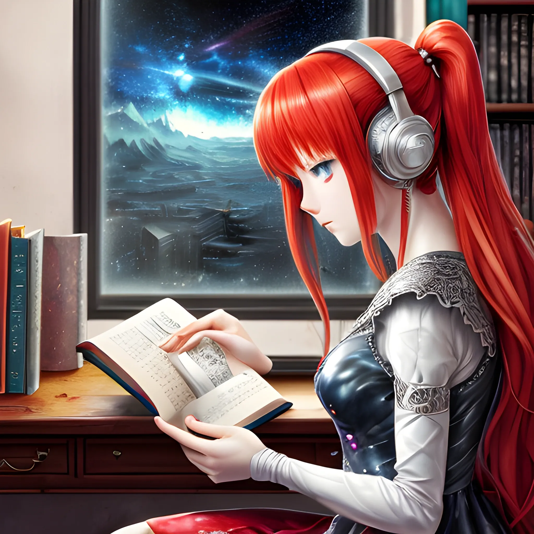 (((high detail))), best quality, (detailed), (high resolution) silver universe, books, books on a table, shelf with some books, studio ghiblin, anime, galaxy in the sky, woman reading a book ,red hair, red dress , black eyes, listen to music 
 
, Trippy, 
, Water Color