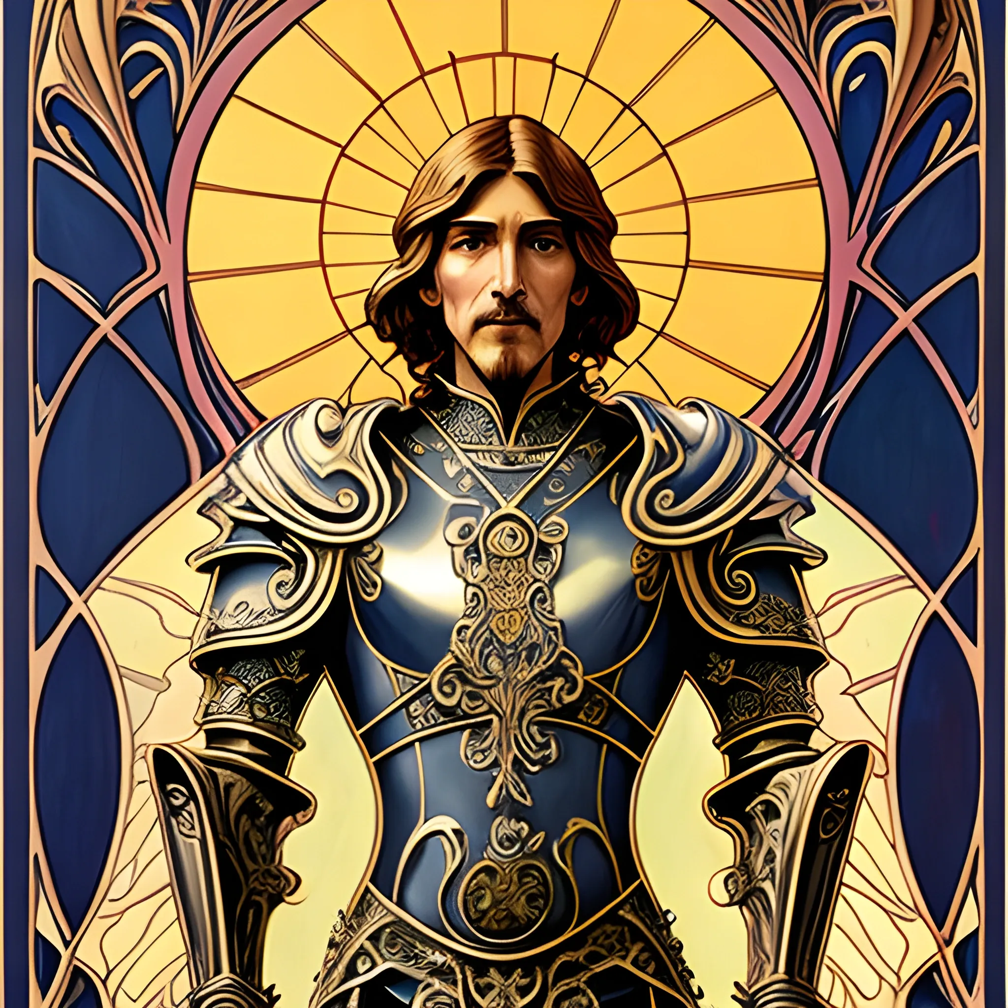 Art Nouveau painting, true aesthetics, Highly detailed, highest quality, man, sun, armor, sword
