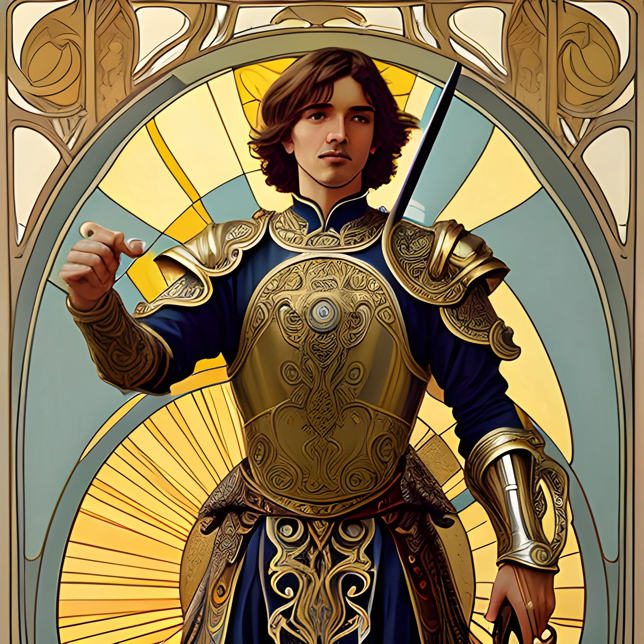 Art Nouveau painting, true aesthetics, Highly detailed, highest quality, man, sun, armor, sword