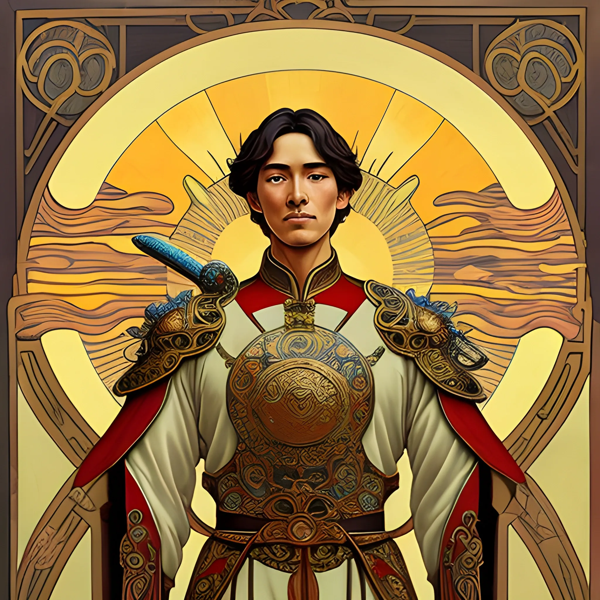 Art Nouveau painting, true aesthetics, Highly detailed, highest quality, man, sun, chinese armor, sword