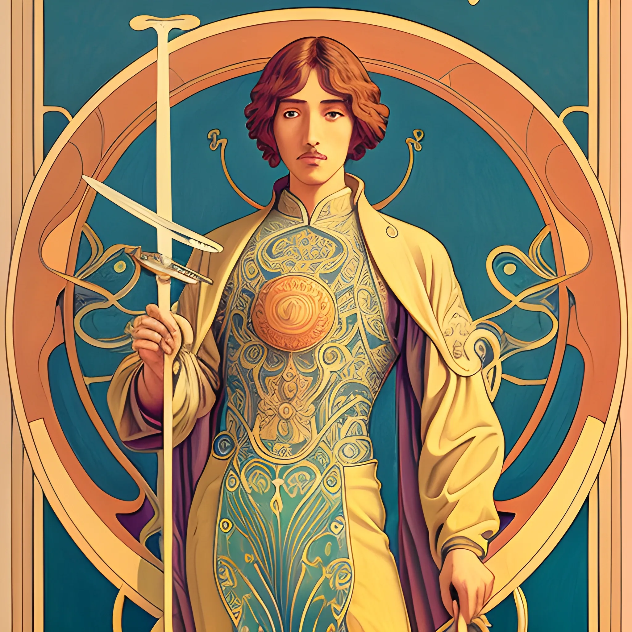 Art Nouveau painting, true aesthetics, Highly detailed, highest quality, man, sun, chinese Ichthyid, sword