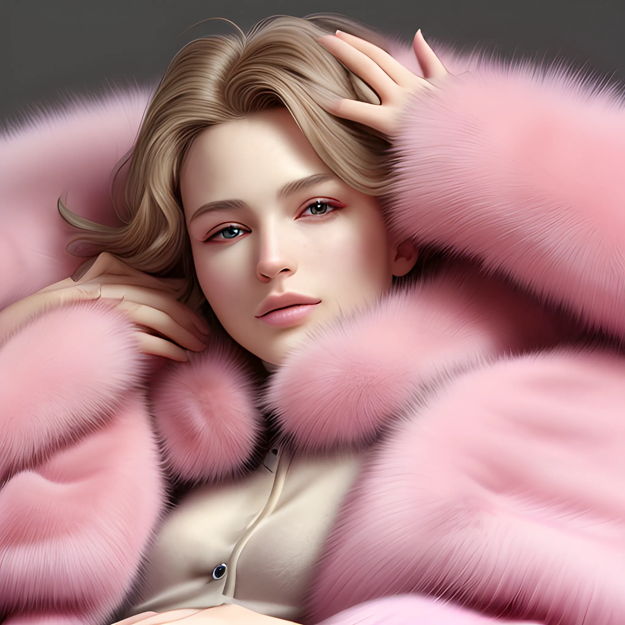 best quality, masterpiece, ultra high res, photorealistic, detailed skin, pink fur coat, lounging