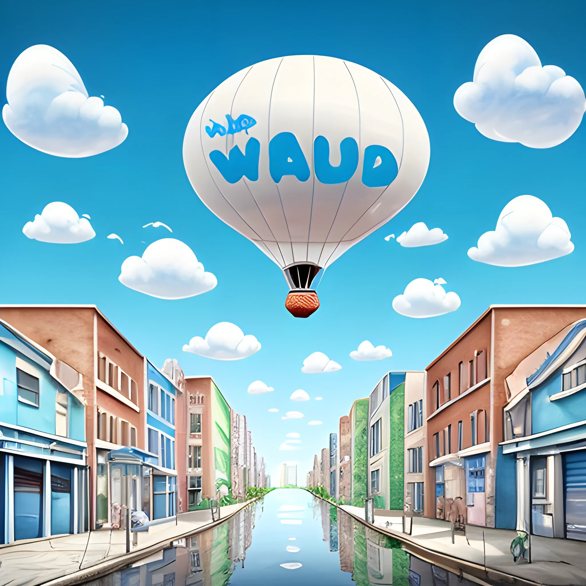 white blimp in a water colored blue sky, with cartoonish graffiti drawings of people, places, and  buildings on it, photorealistic, full hd, Cartoon, 3D