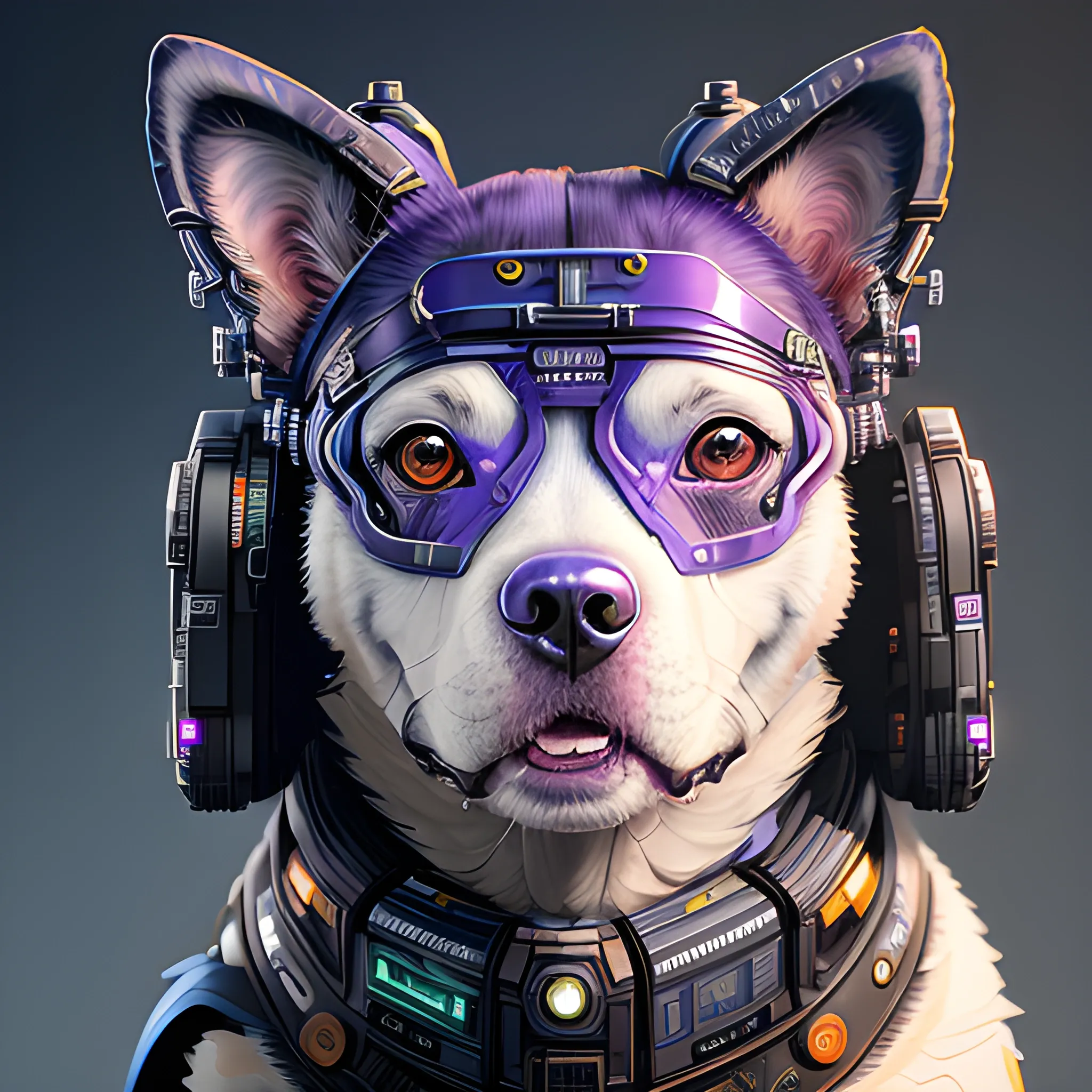 a beautiful portrait of a cute cyberpunk dog by sandra chevrier and greg rutkowski and wlop, purple blue color scheme, high key lighting, volumetric light, digital art, highly detailed, fine detail, intricate, ornate, complex, octane render, unreal engine, photorealistic , 3D