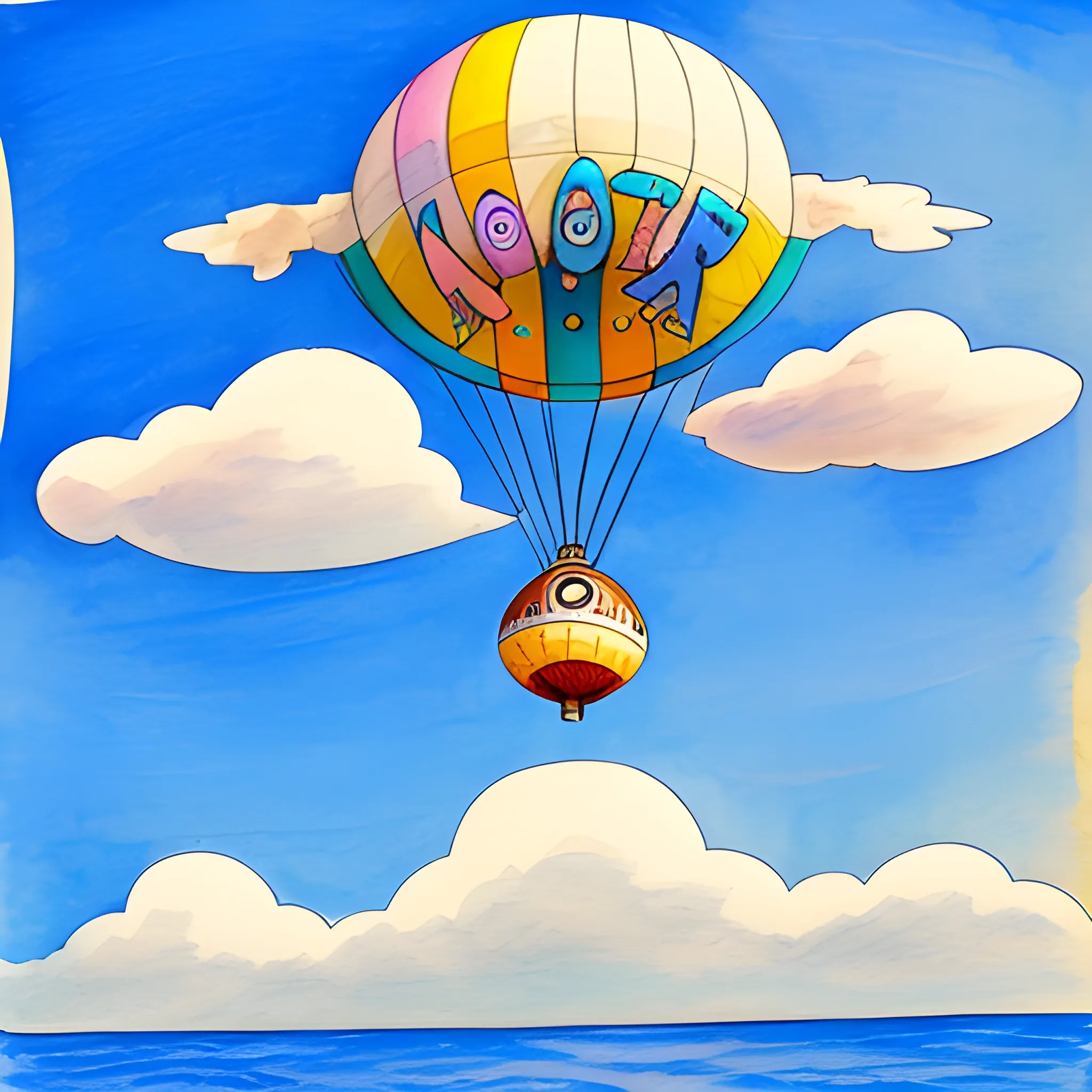 a blimp full of colorful doodles, the background is water colored blue sky, fewer clouds, centered image, wide angle shot, full hd