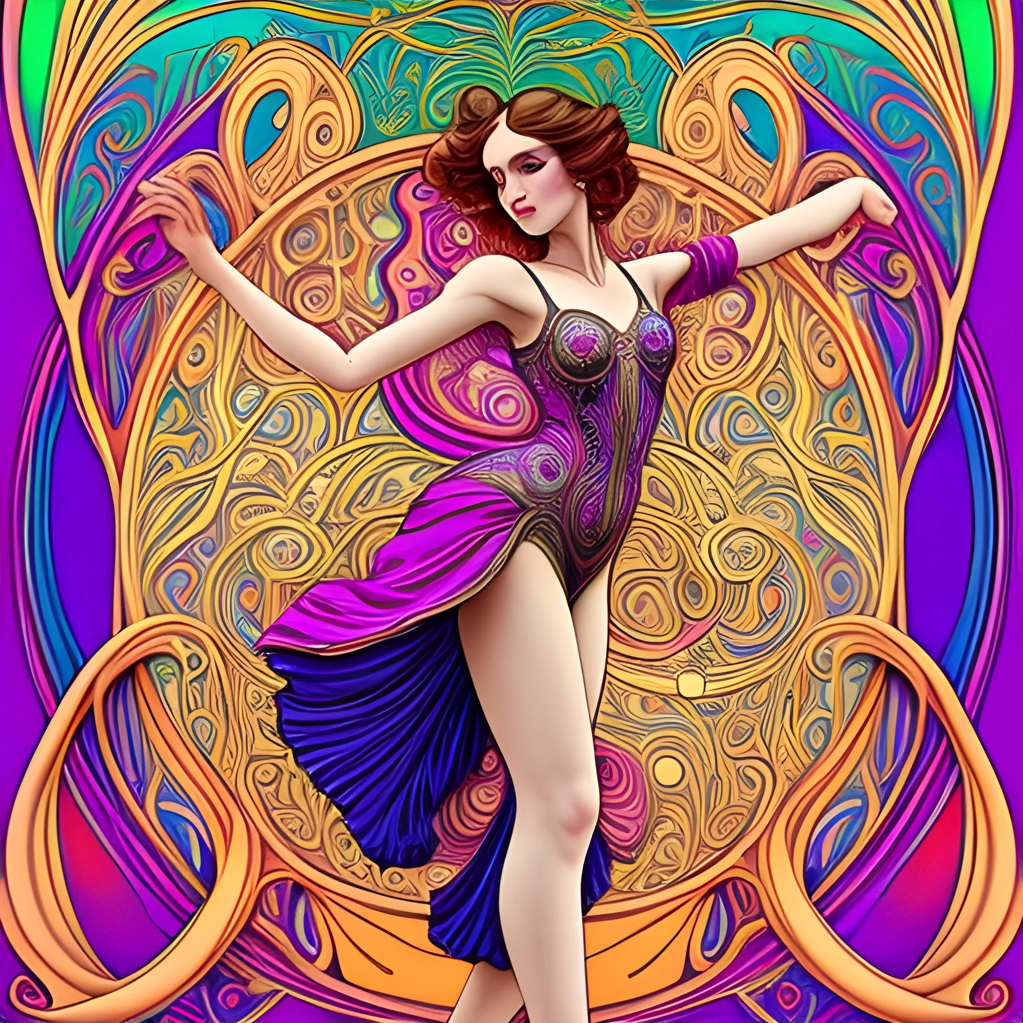 Art Nouveau painting, true aesthetics, stylish fashion shot of a beautiful woman dancing  in front of a psychedelic art nouveau style. Highly detailed, highest quality