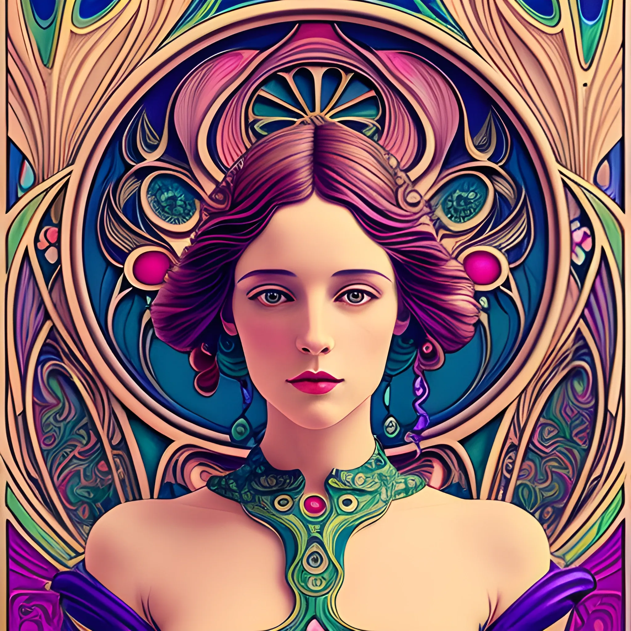 Art Nouveau painting, true aesthetics, stylish fashion shot of a beautiful woman posing in front of a psychedelic art nouveau style. Highly detailed, highest quality

, 3D