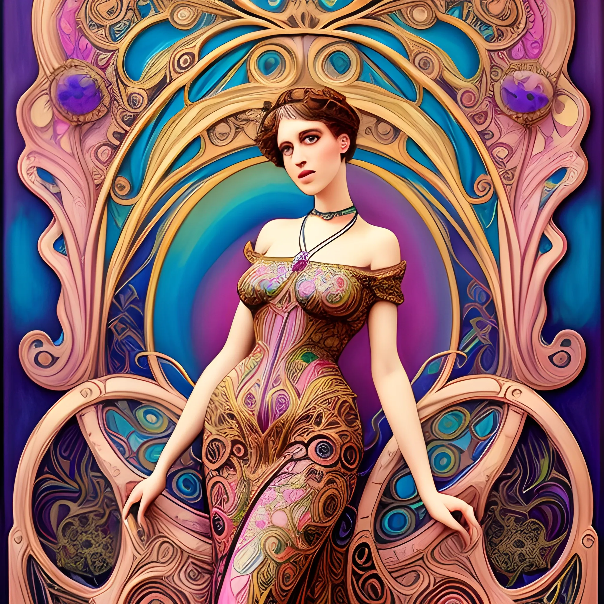 Art Nouveau painting, true aesthetics, stylish fashion shot of a beautiful woman posing in front of a psychedelic art nouveau style. Highly detailed, highest quality

, 3D, Oil Painting