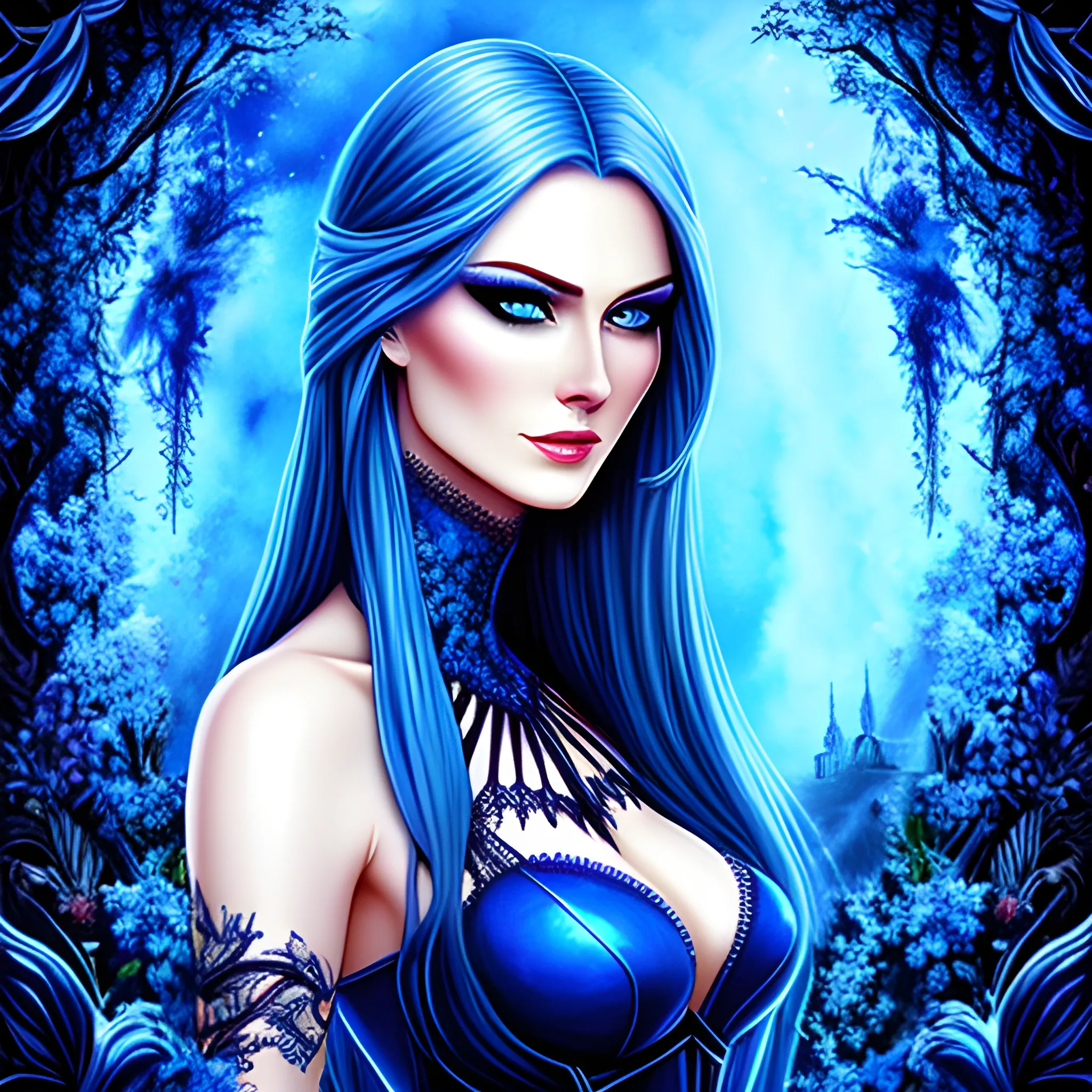 Beautiful girl with blue eyes, high detail, blue scene, hauntingly beautiful illustration

