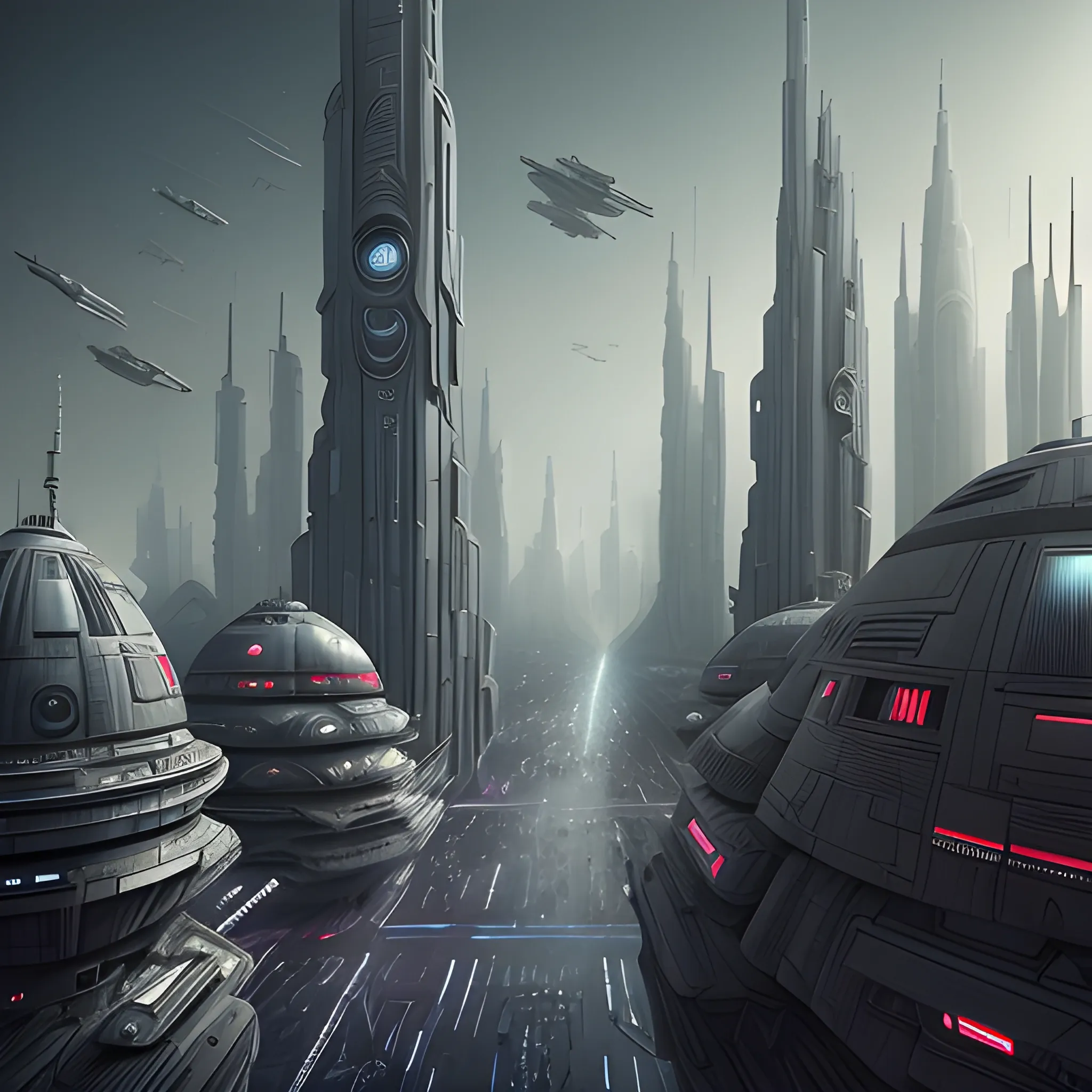 A detailed and intricate digital art in a cinematic style, this ultra high resolution art of futuristic dystopian city is a true masterpiece, style of Ralph Angus McQuarries art from Star Wars, (Extremely detailed), (8K), (dimmed lighting), (photorealistic).