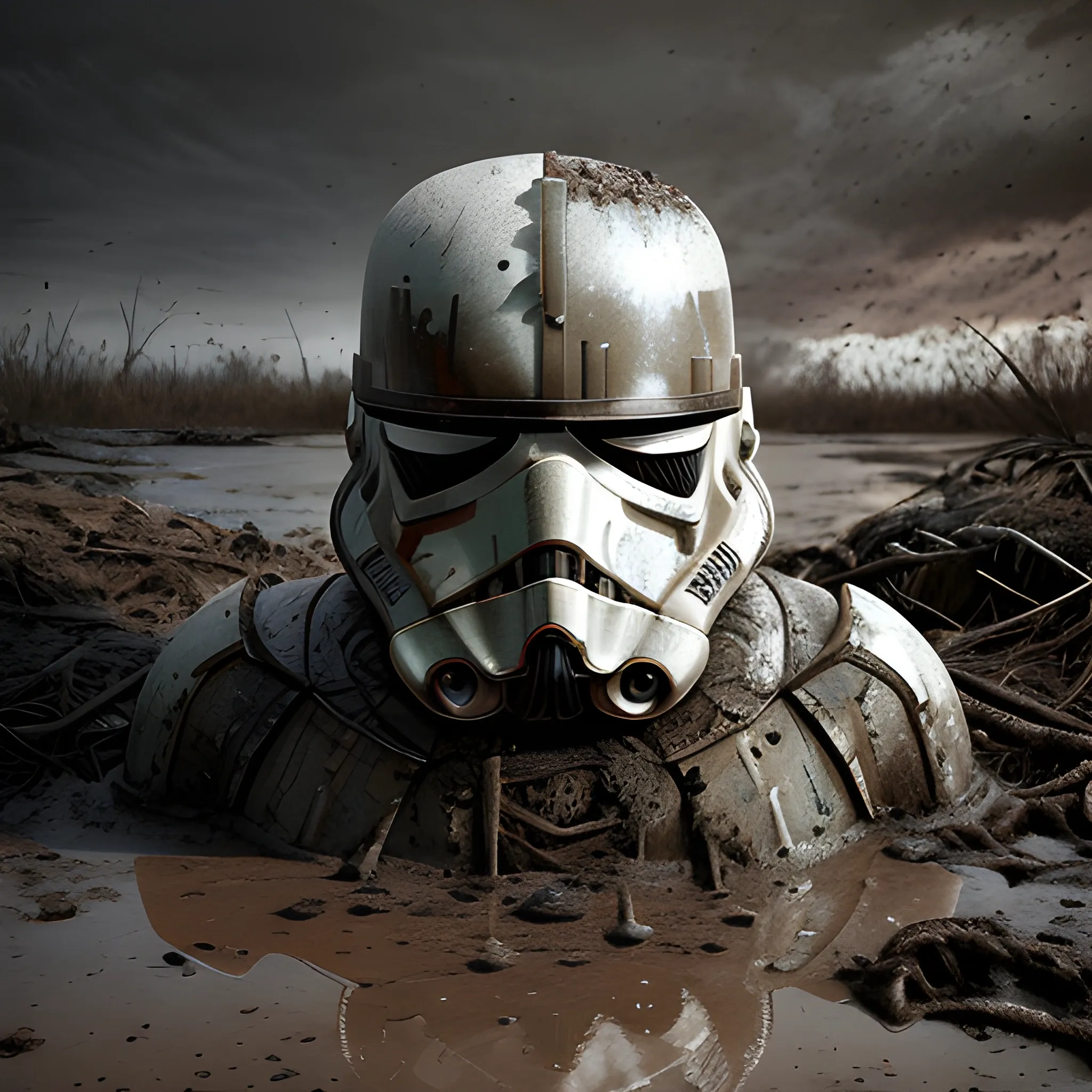 A detailed and photorealistic digital art in a dark cinematic style, this ultra high resolution art of a decayed broken and rusty stormtrooper that is almost buried in the mud is a true masterpiece. (Extremely detailed), (8K), (dimmed lighting), (desaturated), (wide shot), (moist swamp), (photorealistic).