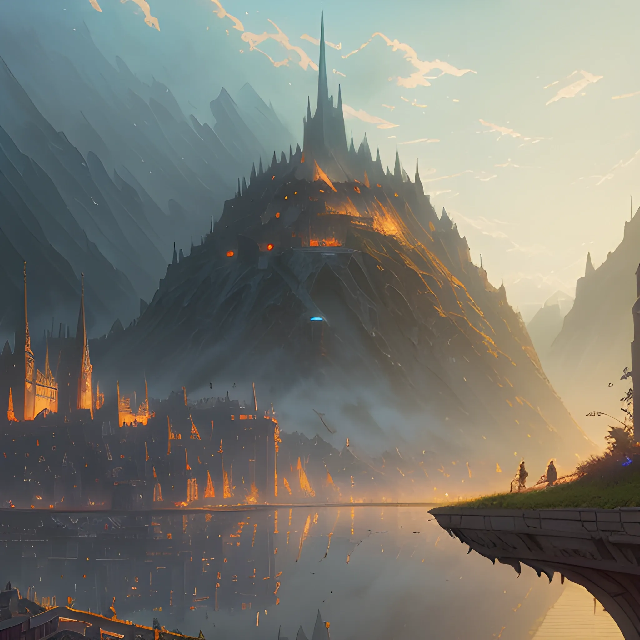 Authentic illustrations of different cities in The Lord of the Rings,Magnificent super wide angle,high quality, 8k,high resolution, city landscape, side scrolling, Rule of Thirds, 4K, Retrofuturism,by makoto shinkai,Anton Fadeev, thomas kinkade,greg rutkowski, Oil Painting