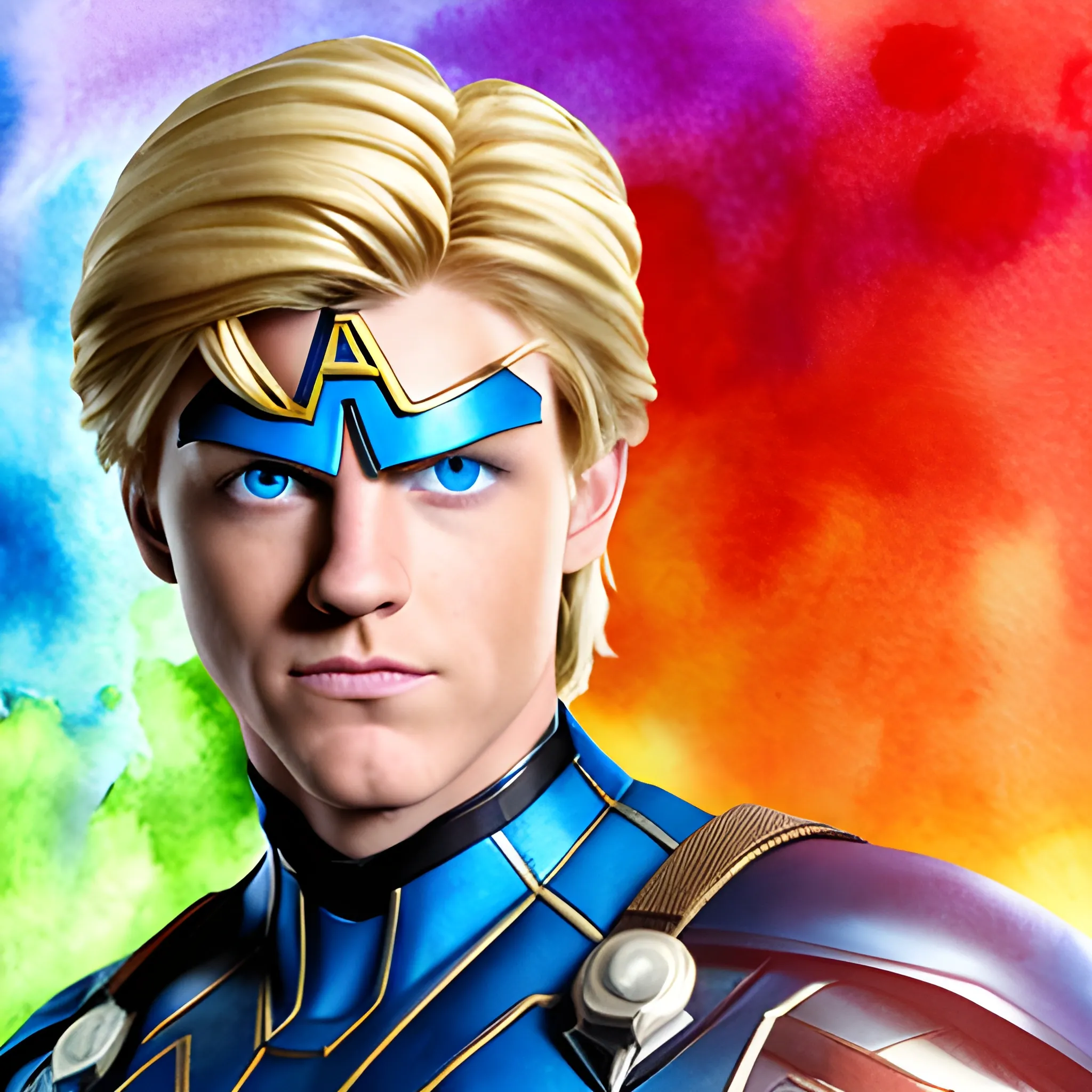 Homelander, super hero with blond hair, blue eyes, character, from the boys, television show, 3D, Water Color