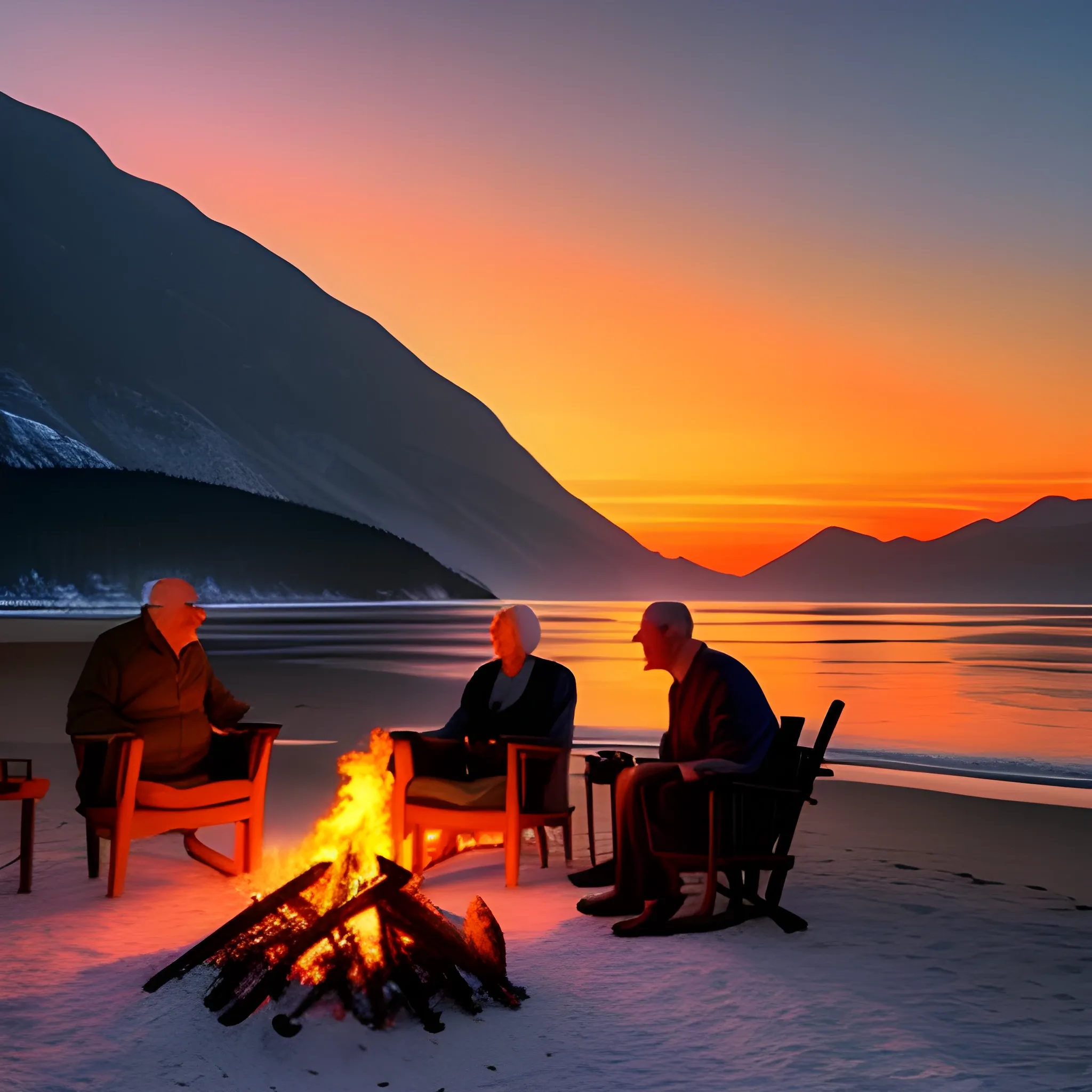 a girl and an old wise man are sitting by the fire talking about freedom on the seashore next to the mountains at sunset
