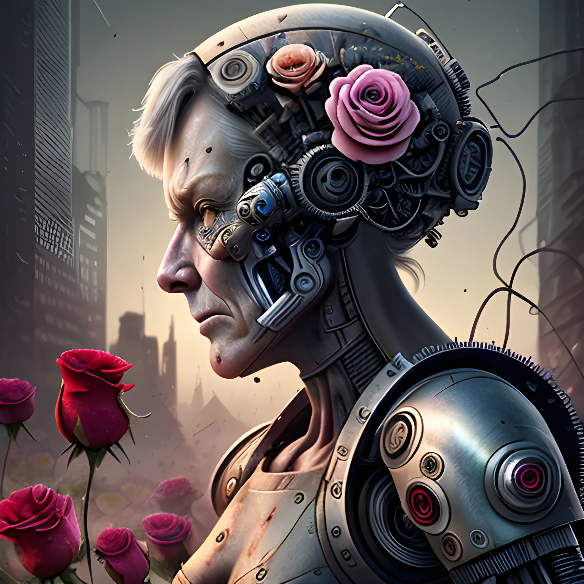 A microscopically detailed digital art in a cinematic style, this high resolution art of a aged half-machine half-female battle-cyborg which is fighting on the future city is a true masterpiece. (photorealistic), (high resolution), (dark and dimmed lighting), (colourful), (wide angle), (side angle), (dead roses).