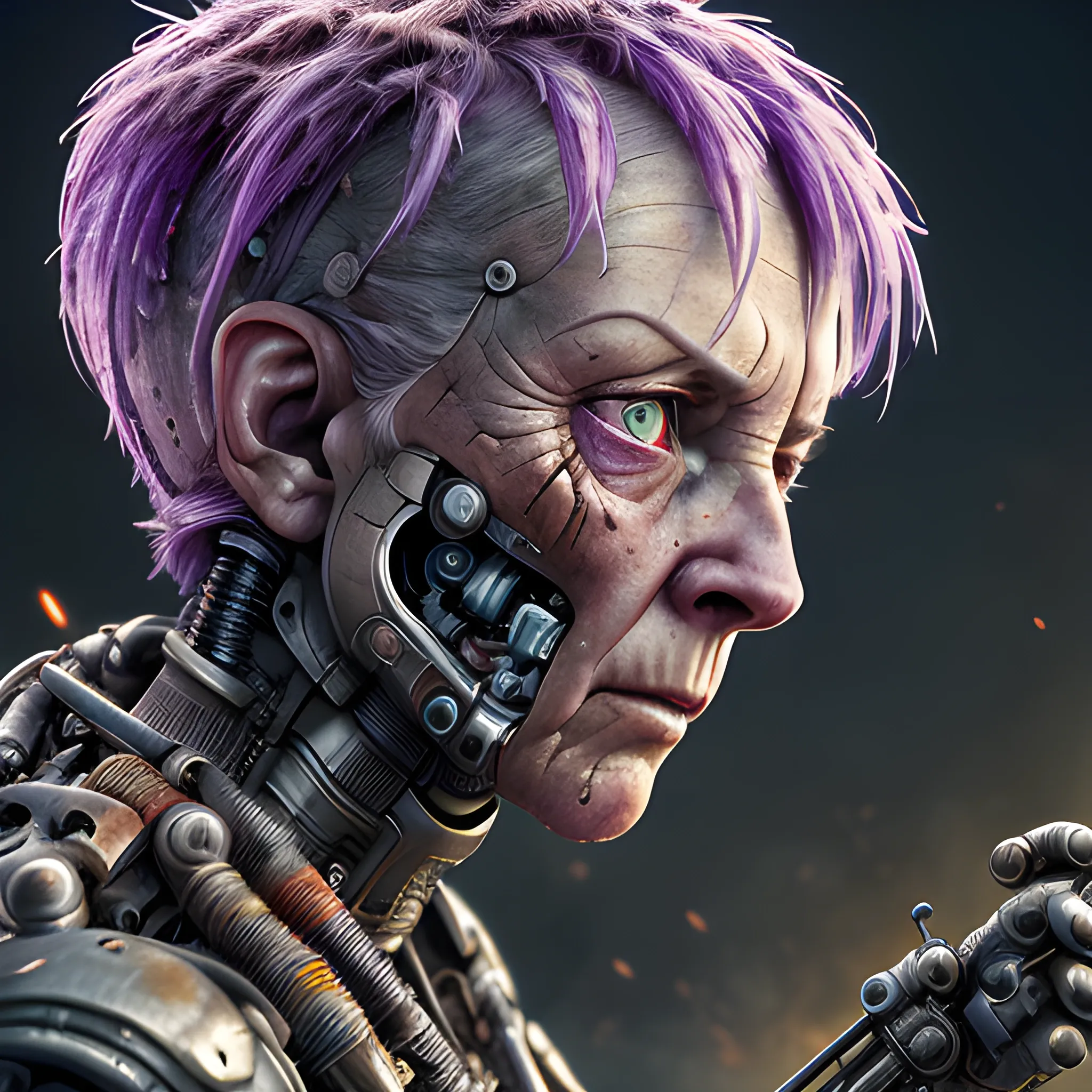 A microscopically detailed digital art in a cinematic style, this high resolution art of a aged half-machine half-female battle-cyborg which is fighting on the burning city is a true masterpiece. (photorealistic), (high resolution), (dark and dimmed lighting), (colourful), (wide angle), (side angle), (dead heather).