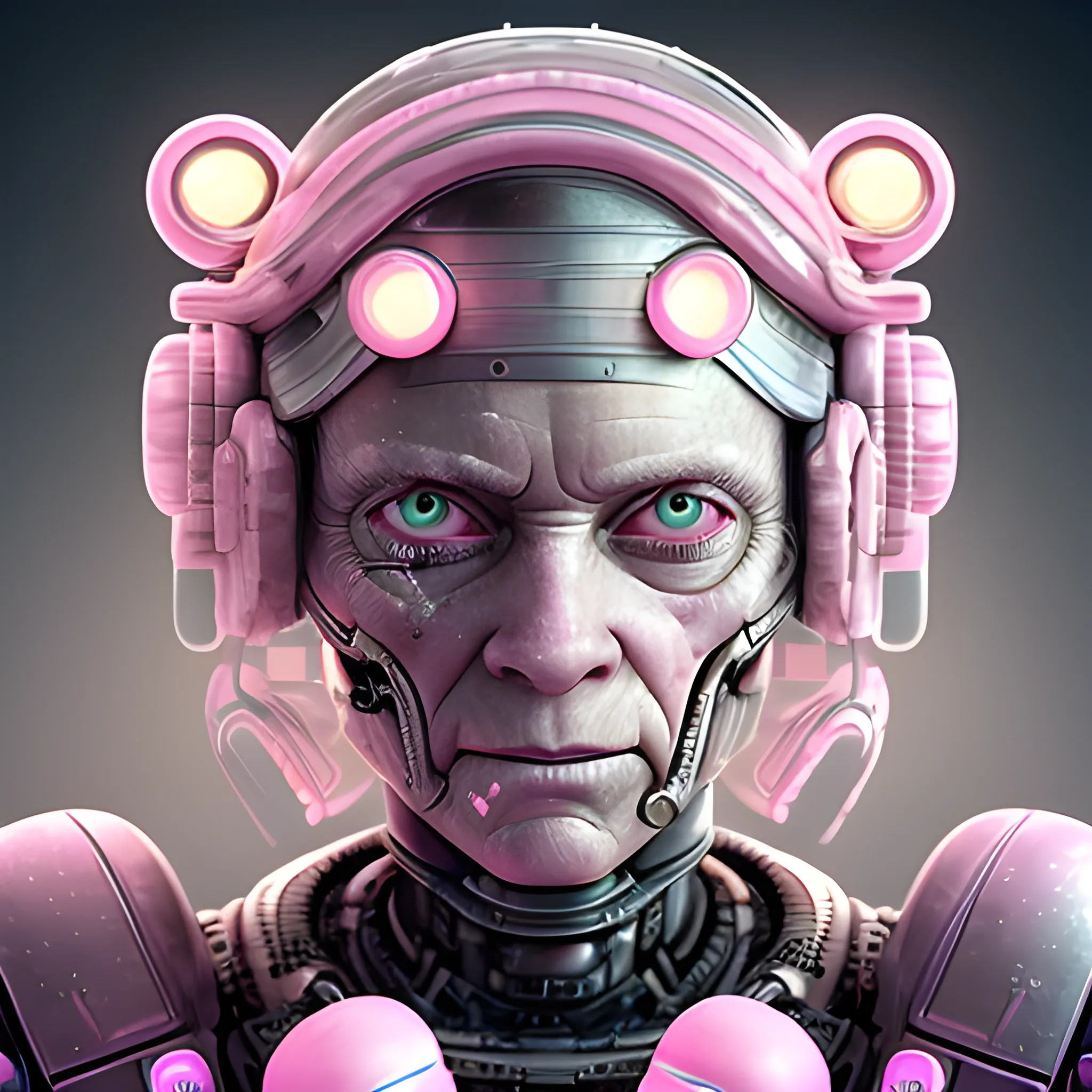 A microscopically detailed digital art in a cinematic style, this high resolution art of a aged half-machine half-female battle-cyborg which is fighting on the ice covered city is a true masterpiece. (photorealistic), (high resolution), (dark and dimmed lighting), (colourful), (wide angle), (portrait), (pink marshmallow), (plastic waste).