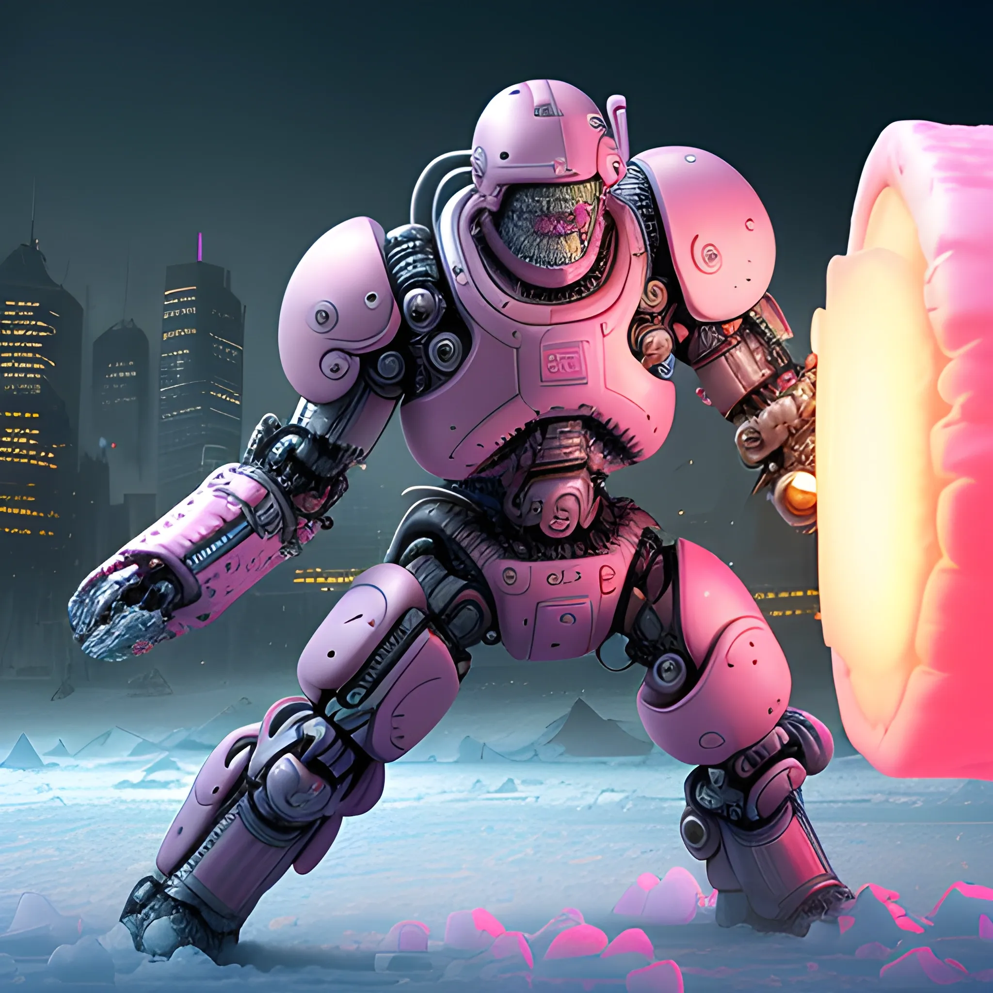 A microscopically detailed digital art in a cinematic style, this high resolution art of a aged half-machine half-male battle-cyborg which is fighting on the ice-covered city is a true masterpiece. (photorealistic), (high resolution), (dark and dimmed lighting), (colourful), (wide side angle), (pink marshmallow), (plastic waste).