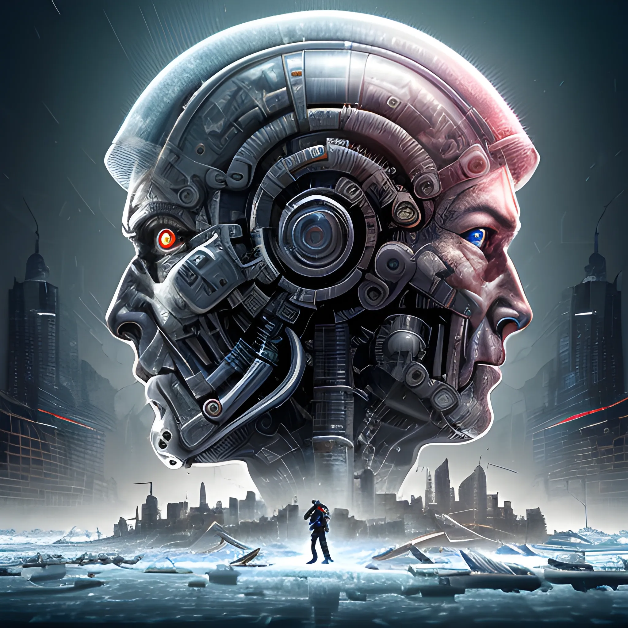 A microscopically detailed digital art in a cinematic style, this high resolution art of a aged half-machine half-male battle-cyborg which is fighting on the ice-covered city is a true masterpiece. (photorealistic), (high resolution), (dark and dimmed lighting), (colourful), (half side angle), (plastic waste).