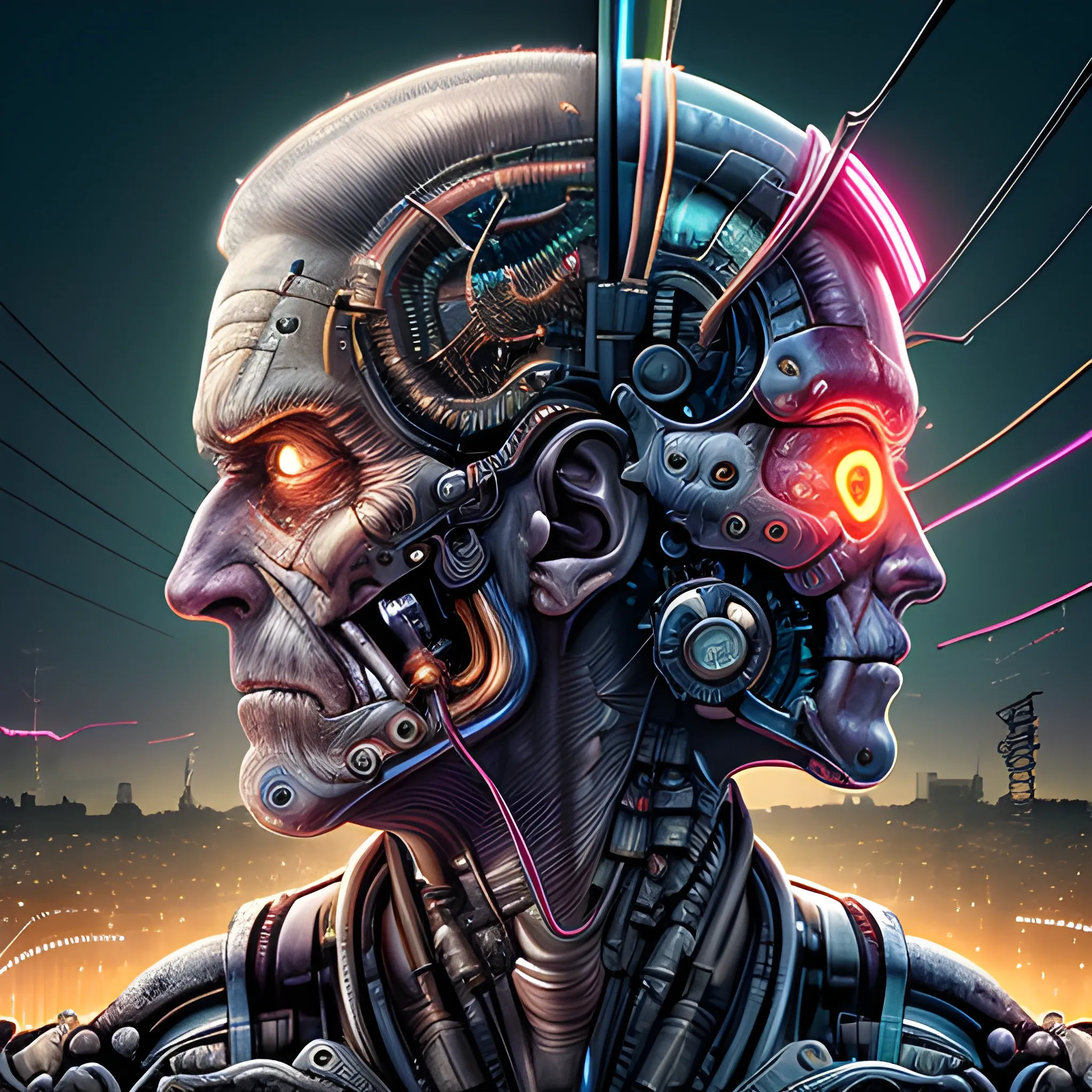 A microscopically detailed digital art in a cinematic style, this high resolution art of a aged half-machine half-male battle-cyborg which is fighting on the neon city is a true masterpiece. (photorealistic), (high resolution), (dark and dimmed lighting), (colourful), (half side angle), (electric wires).