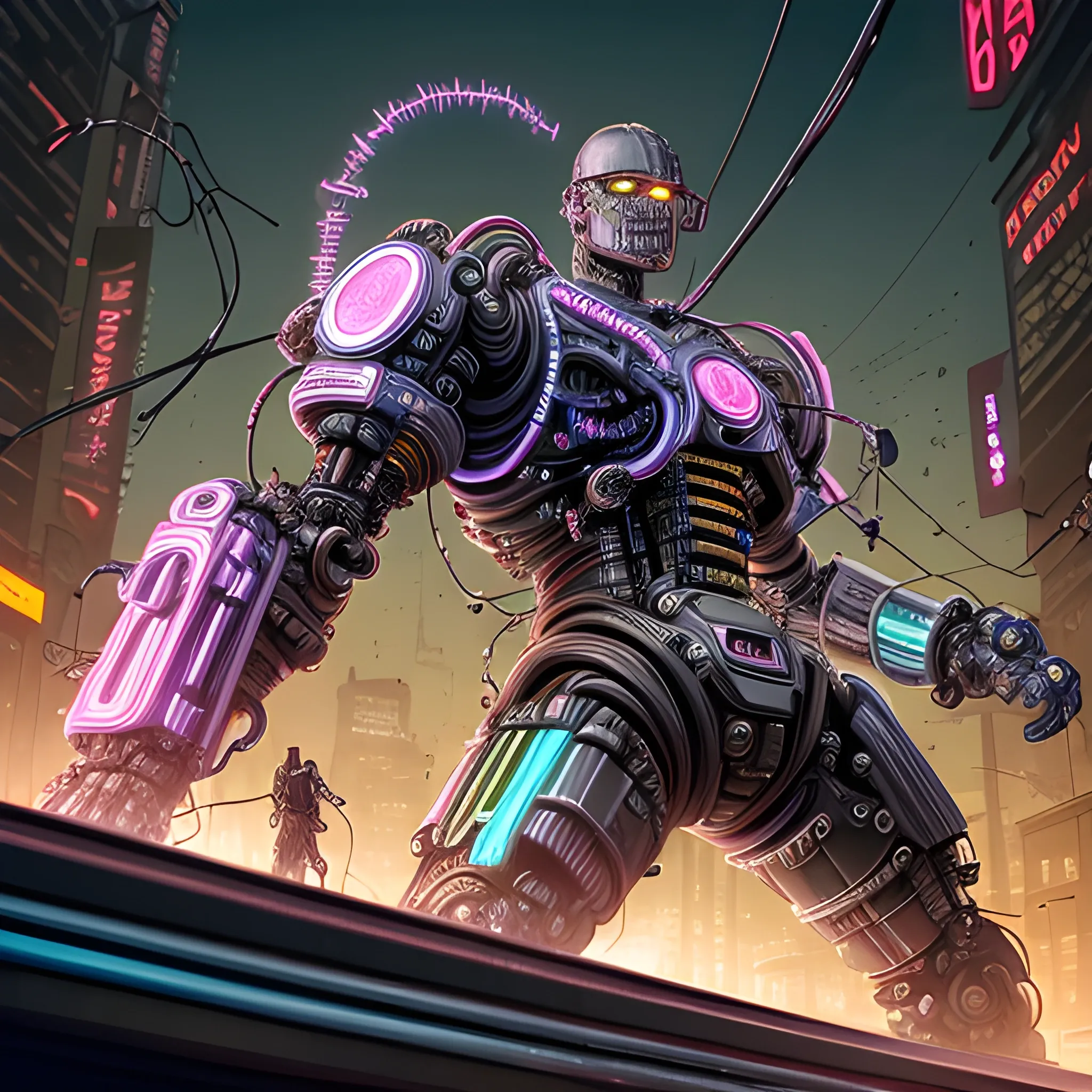 A microscopically detailed digital art in a cinematic style, this high resolution art of a aged half-machine half-male battle-cyborg which is fighting on the neon-city is a true masterpiece. (photorealistic), (high resolution), (dark and dimmed lighting), (colourful), (half-side angle), (electric wires and coils).