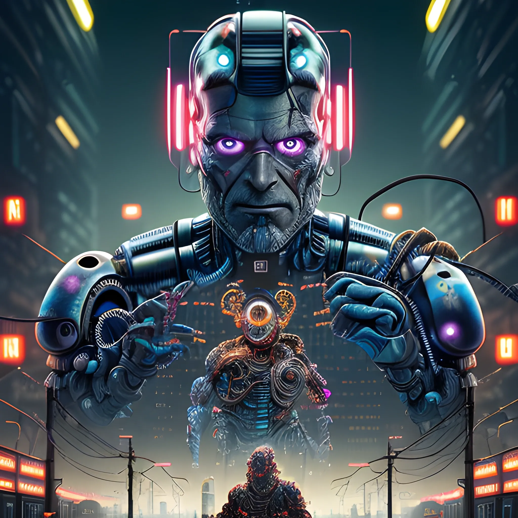 A microscopically detailed digital art in a cinematic style, this high resolution art of a aged half-machine half-male battle-cyborg which is fighting on the neon-city is a true masterpiece. (photorealistic), (high resolution), (dark and dimmed lighting), (colourful), (half-side angle), (electric wires and coils), (poster depiction)