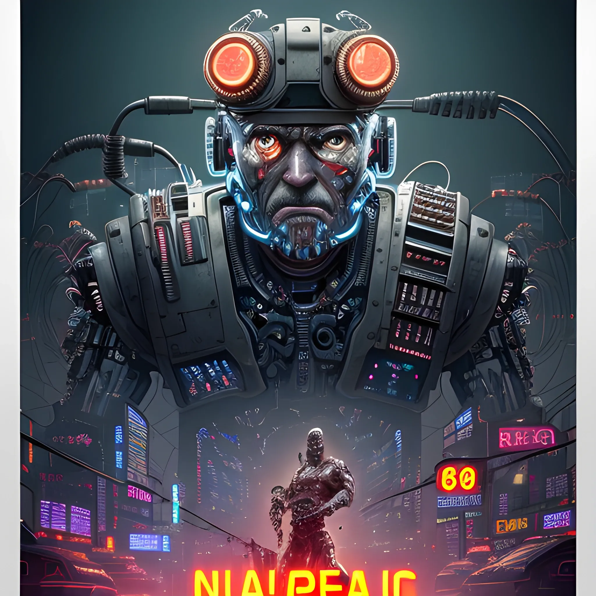 A microscopically detailed digital art in a cinematic style, this high resolution art of an aged half-machine half-male cluttered battle-cyborg which is fighting on the neon-city is a true masterpiece. (photorealistic), (high resolution), (dark and dimmed lighting), (colourful), (half-side angle), (electric wires and coils), (poster depiction), (4928x6144)