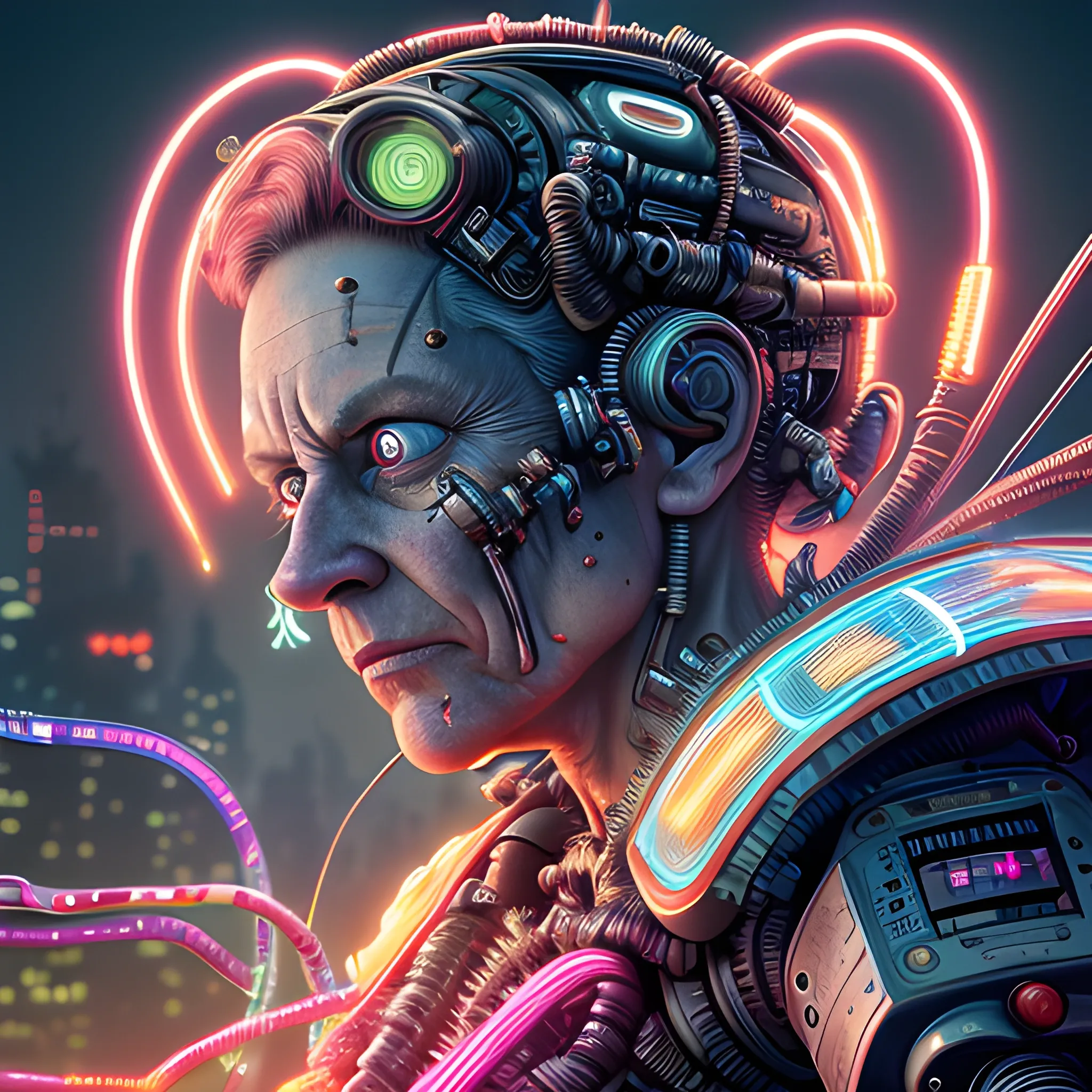 A microscopically detailed digital art in a cinematic style, this high resolution art of an aged half-machine half-female cluttered battle-cyborg which is fighting on the neon-city is a true masterpiece. (photorealistic), (highest resolution), (dark and dimmed lighting), (colourful), (half-side angle), (electric wires and coils), (8K)