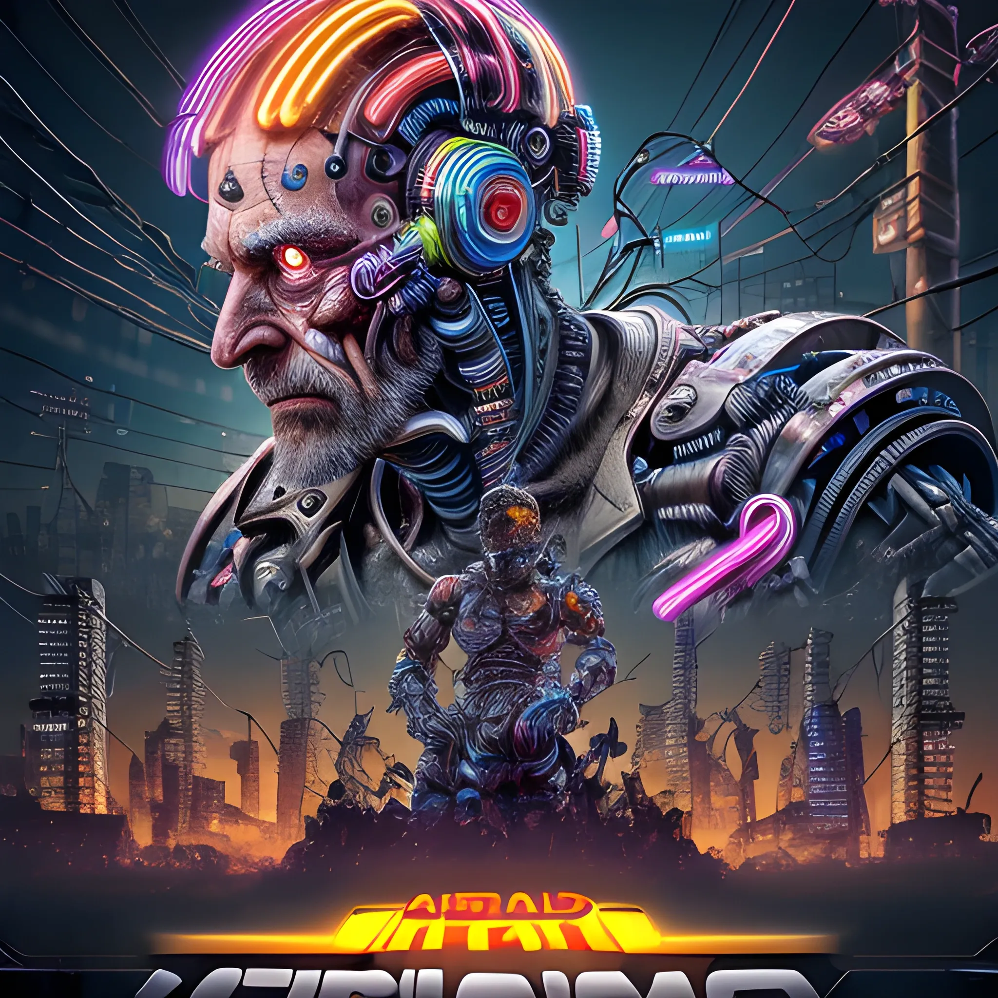 A microscopically detailed digital art, this high resolution art of an aged half-machine half-male cluttered battle-cyborg which is fighting on the neon-city is a true masterpiece. (photorealistic), (high resolution), (dark and dimmed lighting), (colourful), (half-side angle), (electric wires and coils), (poster depiction), (Remove Artifacts), (NSFW:0.5)