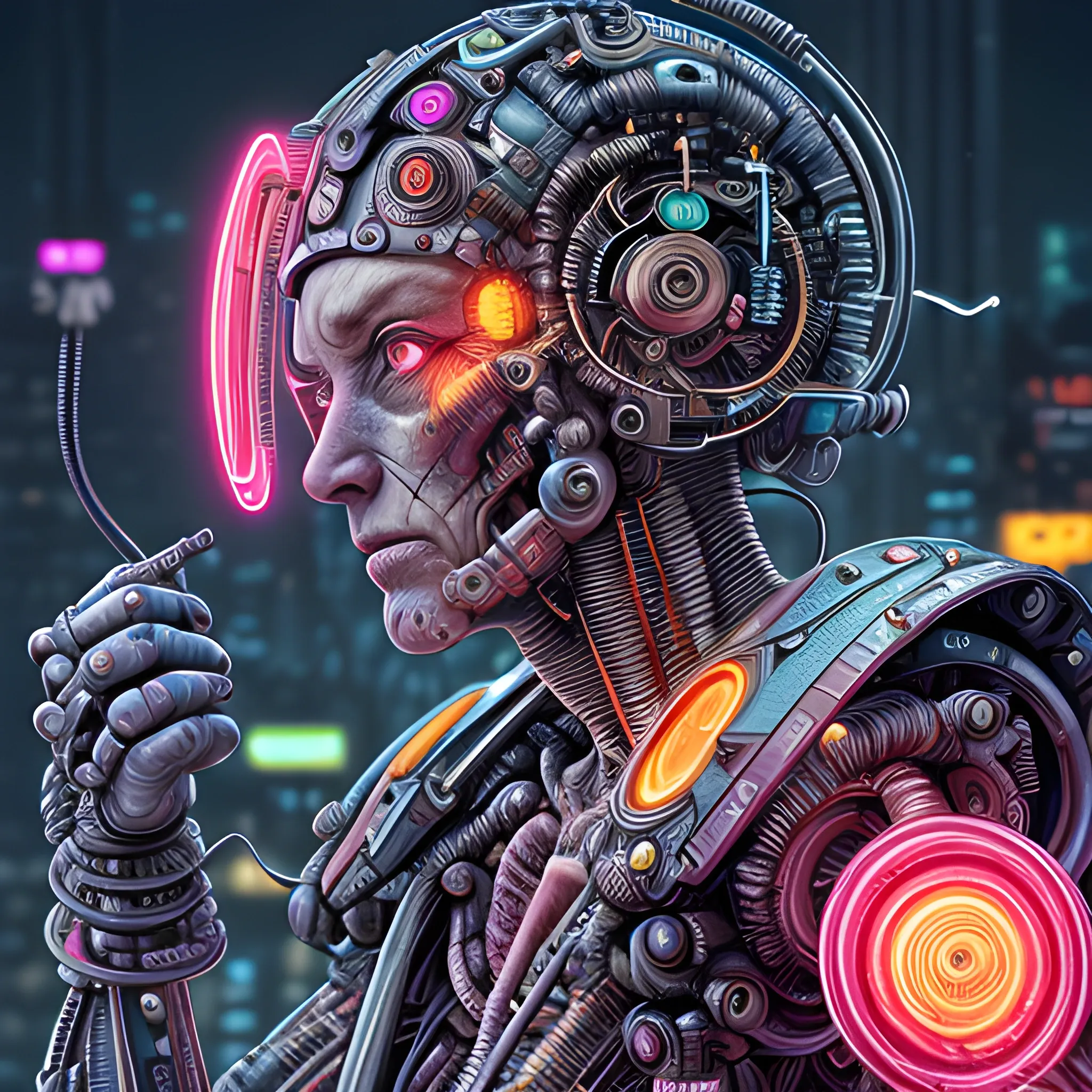 A microscopically detailed digital art, this high resolution art of an aged half-machine half-female cluttered battle-cyborg which is fighting on the neon-city is a true masterpiece. (photorealistic), (highest resolution), (dark and dimmed lighting), (colourful), (half-side angle), (electric wires), (Intricate details), (sharp).