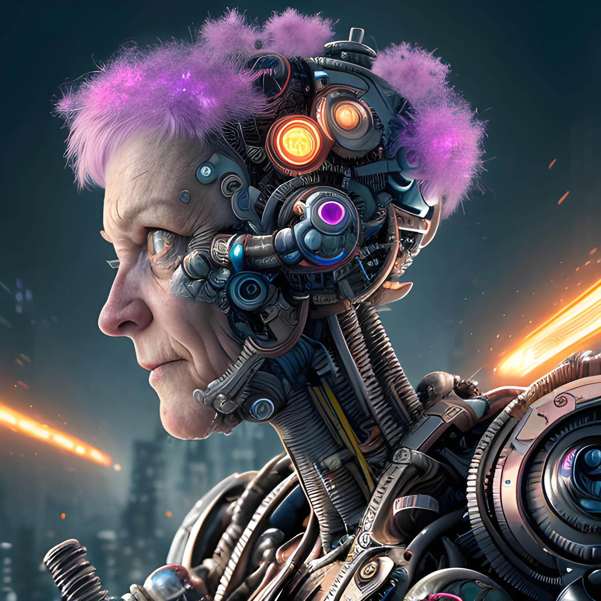 A microscopically detailed digital art, this high resolution art of an aged half-machine half-female cluttered battle-cyborg which is fighting on the war-zone-city is a true masterpiece. (photorealistic), (8K), (dark and dimmed lighting), (colourful), (half-side angle), (crystals),