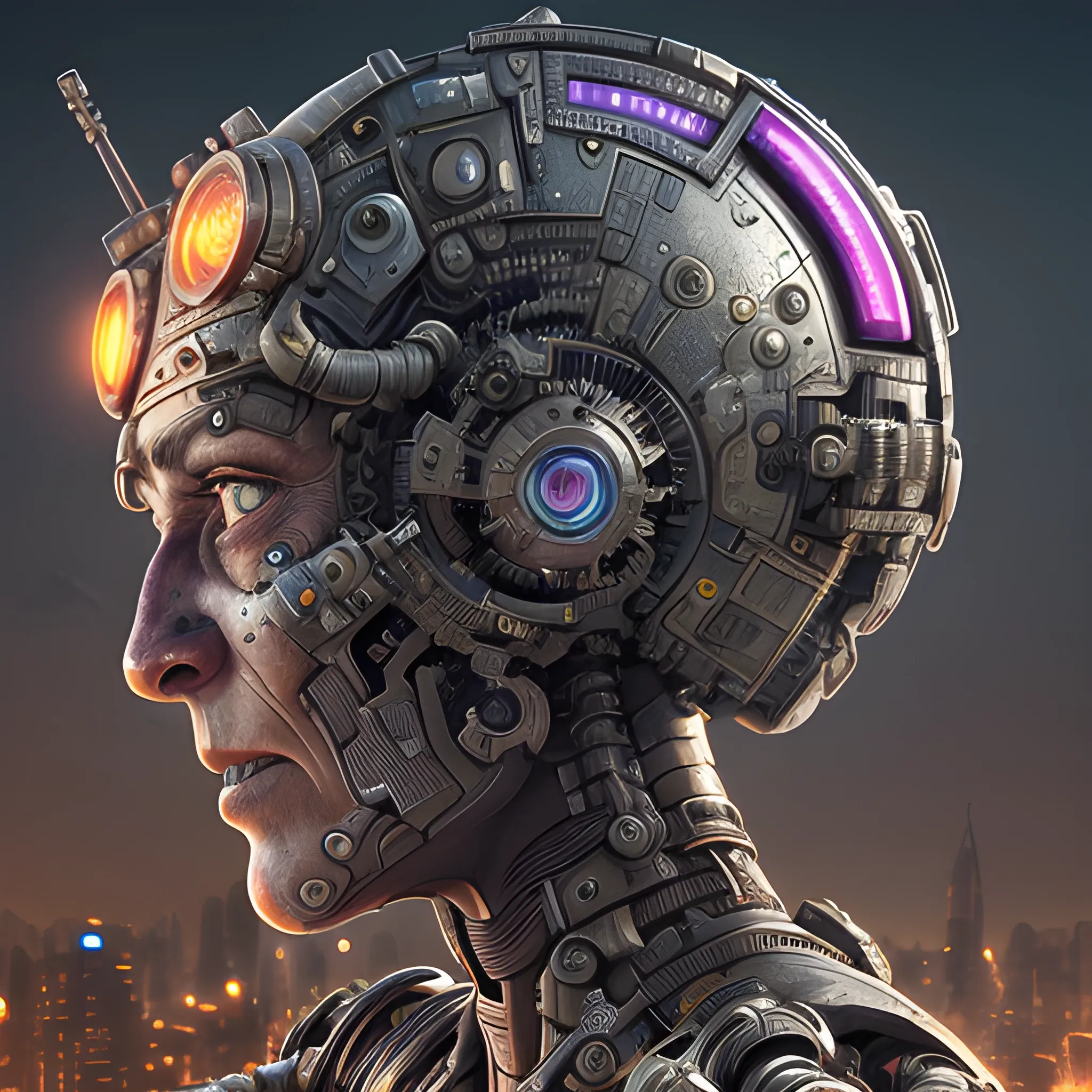 A microscopically detailed digital art, this high resolution art of an aged half-machine half-female detailed battle-cyborg which is fighting on the war-zone-city is a true masterpiece. (photorealistic), (8K), (dark and dimmed lighting), (colourful), (half-side angle), (radiation),