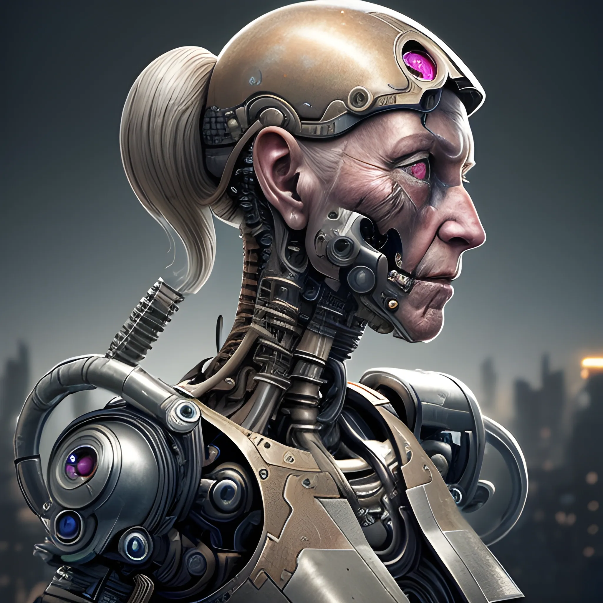 A microscopically detailed digital art, this high resolution art of an aged half-machine half-female battle-cyborg which is broken and fighting on the war-zone-city is a true masterpiece. (photorealistic), (8K), (dark and dimmed lighting), (colourful), (half-side angle), (mercury),